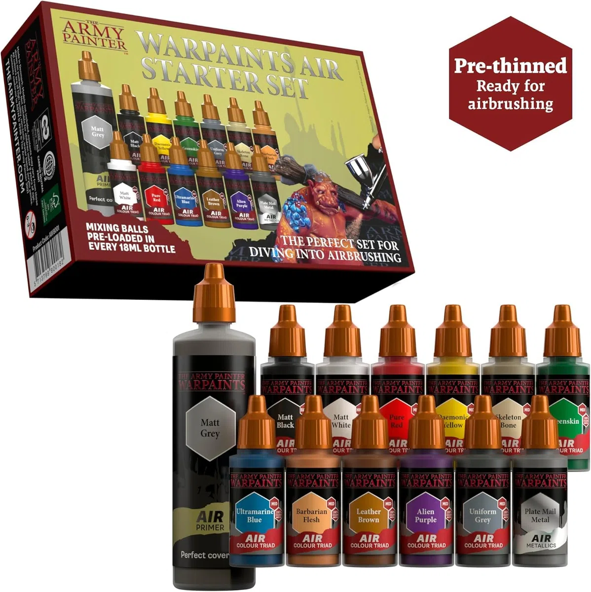 The Army Painter, Warpaints Air Starter Set, 12 x 18 ml Colori per aerografo incl. 1metallici e 1 Primer grigio - Colori per aerografo modellismo per Miniature Dnd e Warhammer 40k