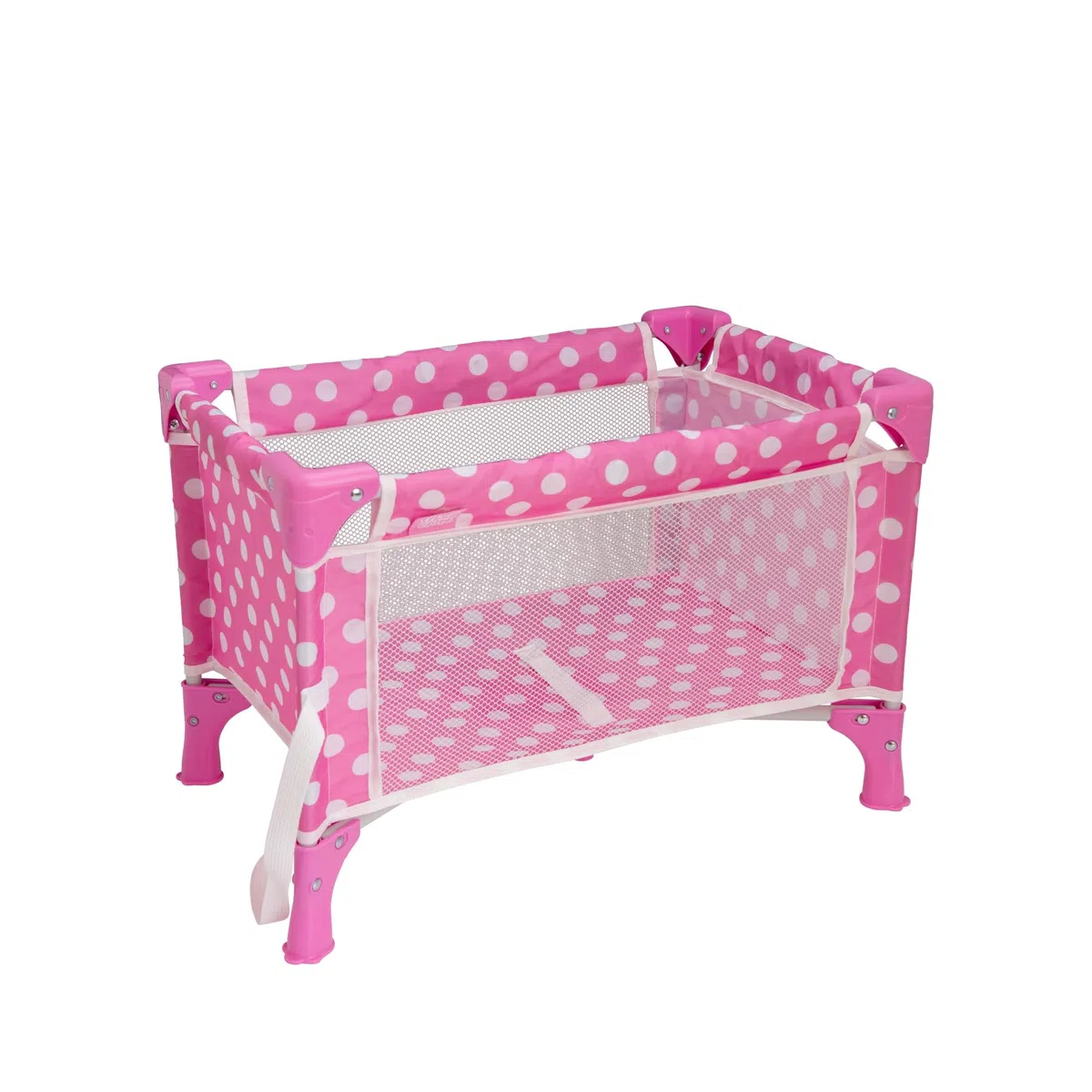 Dolly Tots Lettino da viaggio per bambole Pink Polka Dot | Giocattolo pieghevole per letto delle bambole | Accessori per letto delle bambole | Carrozzina e passeggino per bambini | Perfetto per