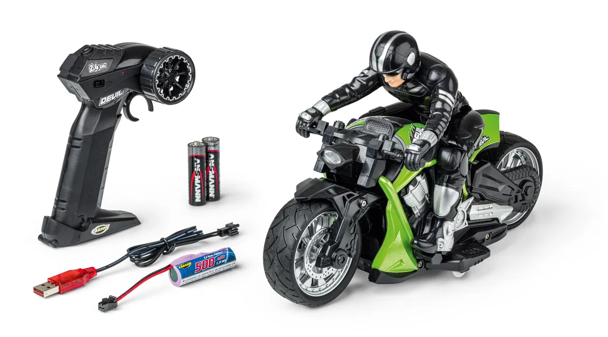 Carson 500404280 RC Devil Bike 100% RTR verde - Moto telecomandata, 50 minuti di guida, moto RC, regalo per bambini