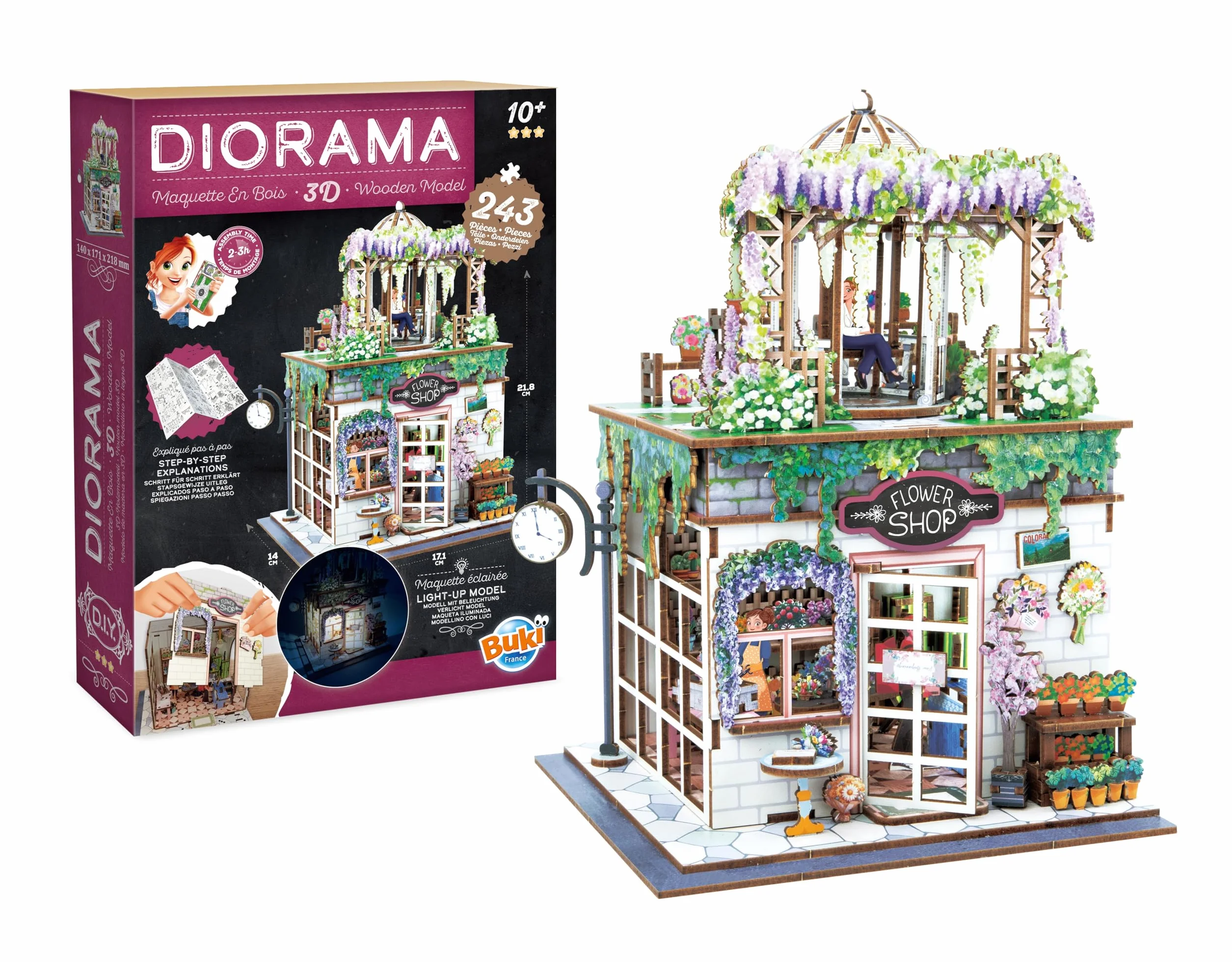 Diorama Fiorista - Modellino fioraio in miniatura in legno con LED - Diorama DIY 243 pezzi - Kit costruzione negozio di fiori - dai 10 anni - 14 x 17,1 x 21,8 cm - 68075 - BUKI France