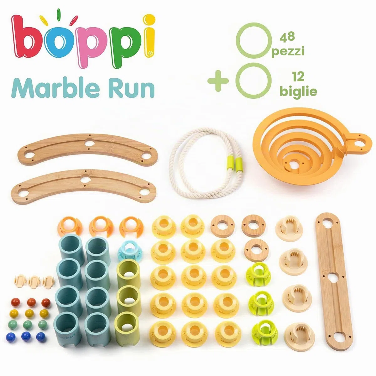 Pista Biglie Giochi in Legno per Bambini - Giochi Educativi Montessori dai 3 Anni in Su - Costruzioni per Bambini Stem 48 Pezzi e 12 Biglie di Vetro Colorate - Regalo Bambino Natale di Boppi