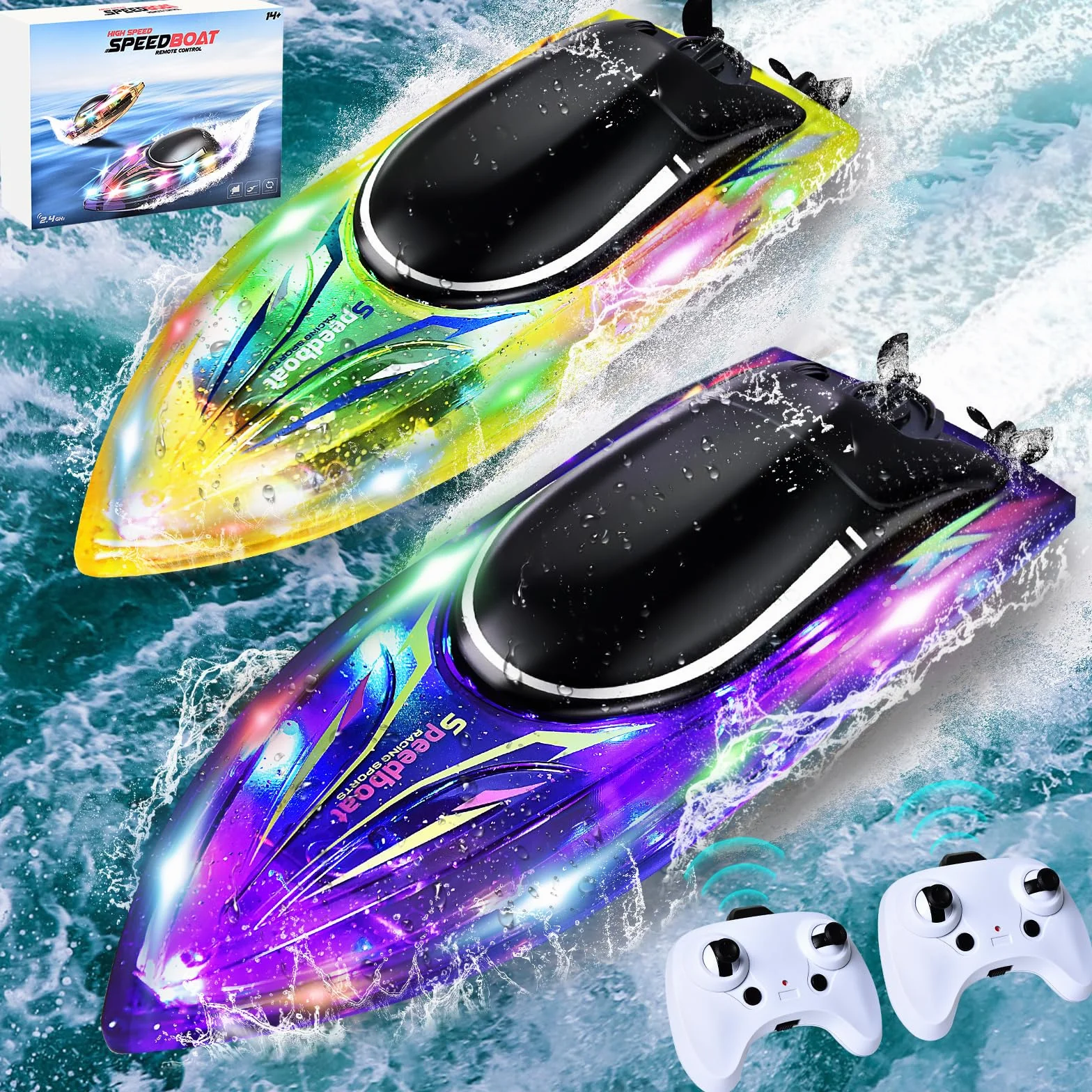 JONRRYIN Barca Telecomandata 2 Pezzi, RC Barca da Corsa con Luce LED, Race Barca Telecomandata Impermeabile per Adulti e Bambini, Barca RC 2,4 GHz per Piscine e Laghi