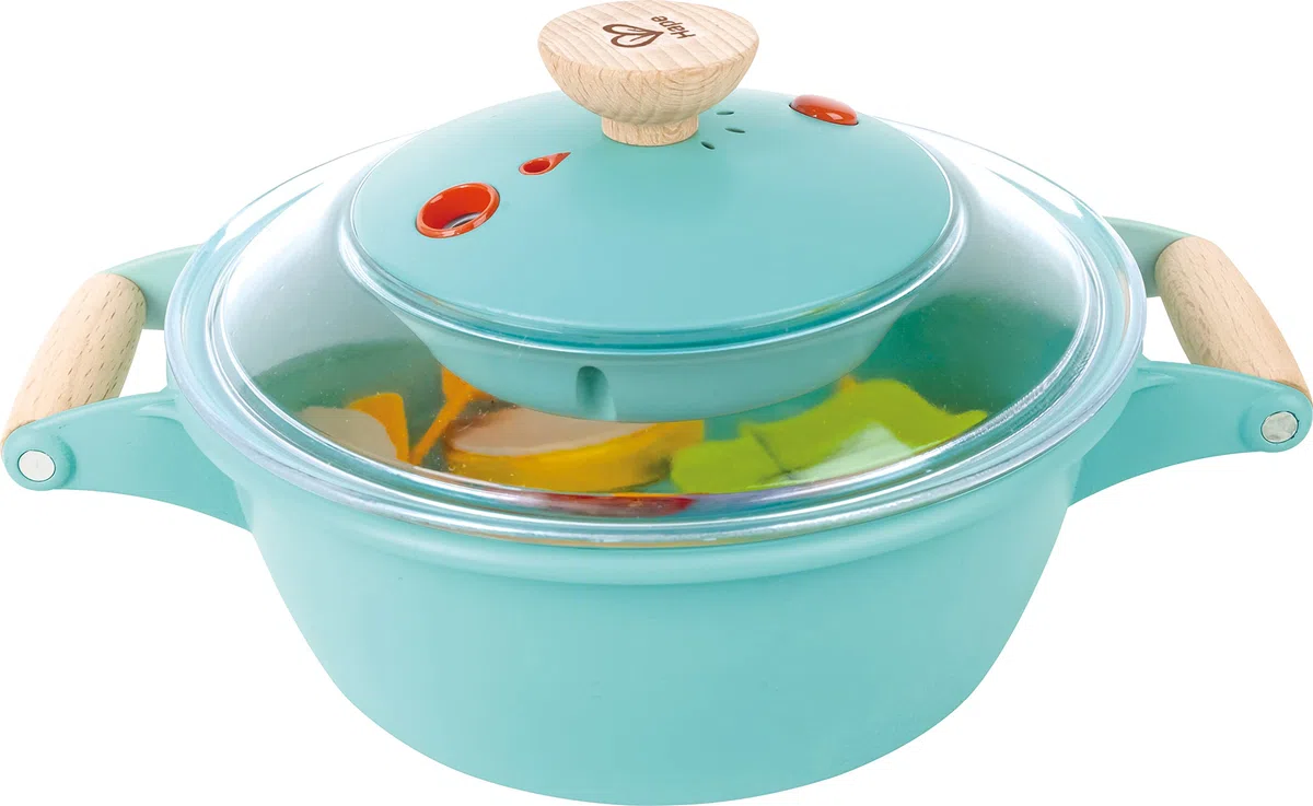 Hape - Set cucina al vapore per piccoli chef | Pentola giocattolo interattiva con contagocce e cibo giocattolo per bambini dai 3 anni su