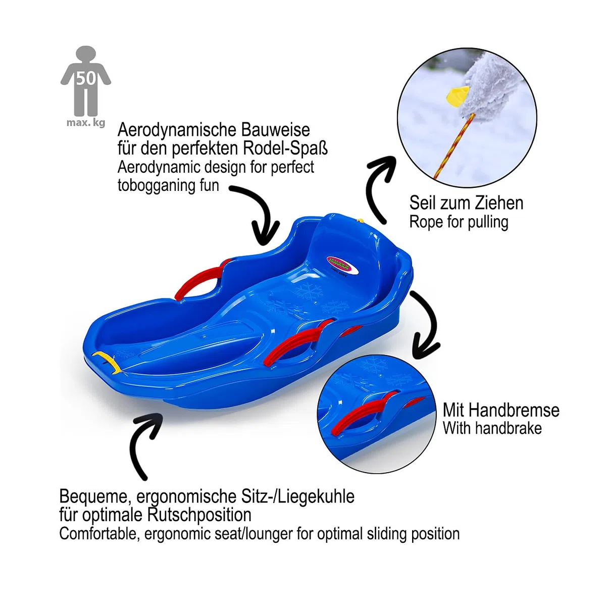 Jamara 460539 - Snow Play Bob Comfort, 80 cm, sterzo con leva del freno, costruzione aerodinamica, seduta ergonomica resistente in plastica resistente agli urti, colore: Blu