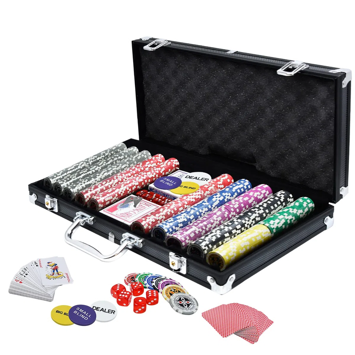 Valigetta da Poker Set da 500 fiches da Poker fiches da Poker Laser con mazzi da Poker 2X, Pulsante Dealer 3X, Dadi 5X, Custodia in Alluminio con 2 Chiavi - Nero