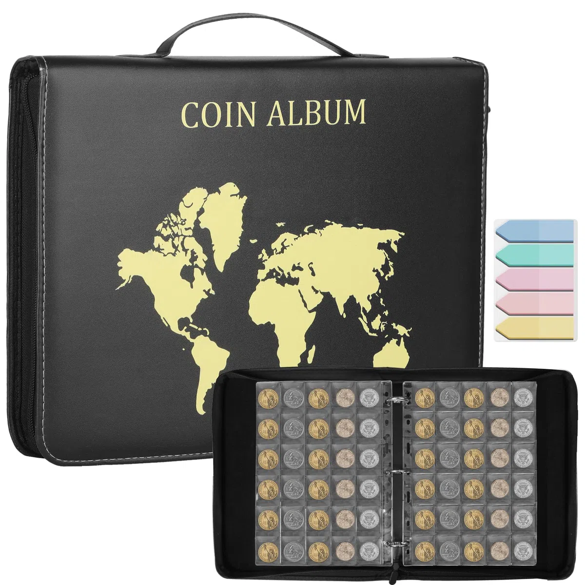 KOMABLEN 480 Tasche Raccoglitore Monete, 16 Pagine 35x35mm Porta Monete da Collezione, Raccoglitore da Collezione con Cerniera, Album Portamonete per Euro, Sterlina, Pence