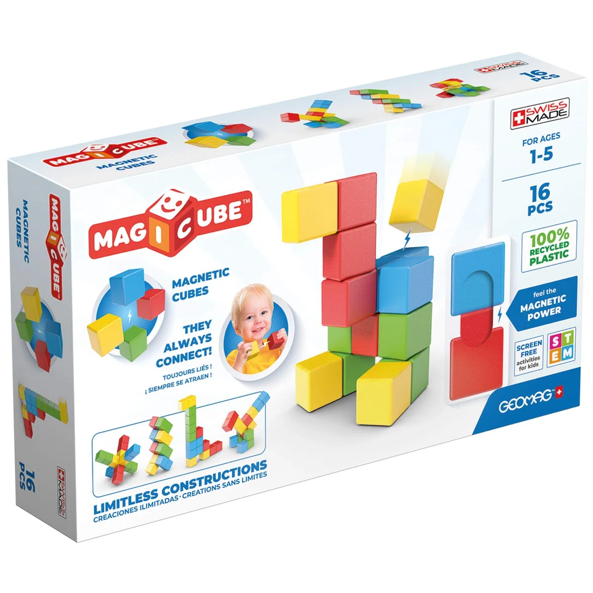 Geomag - Magicube 1+ Full Color - Cubi Magnetici per Bambini - 4 Colori - Confezione da 16 Blocchi - 100% Plastica Riciclata