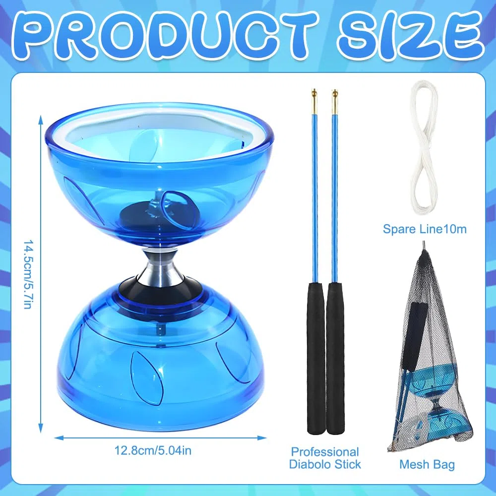 Diabolo con Cuscinetti a Sfera, Giocoliere Set con Luce a LED e Aste, Giocoliere in Gomma Morbida Trasparente con Corda di Ricambio e Tasca a Rete, Sport Ricreativi per Principianti, Blu