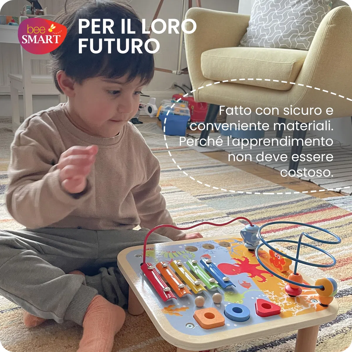 Tavolo di attività in legno - Gioco 5 in 1 per bambini | Xilofono, labirinto di perline, banco del martello, smistatore di forme | Regali di giocattoli educativi montessoriani di attività per bambini
