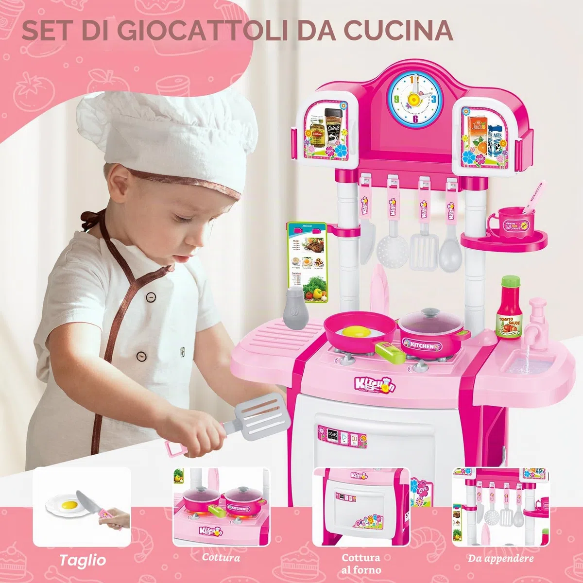 deAO My Little Chef Cucina Giocattolo in Miniatura con Luci e Suoni, 18 Accessori, Fornello, Lavello, Padelle e Utensili, Gioco di Ruolo, Regalo per Bambini e Bambine | Rosa