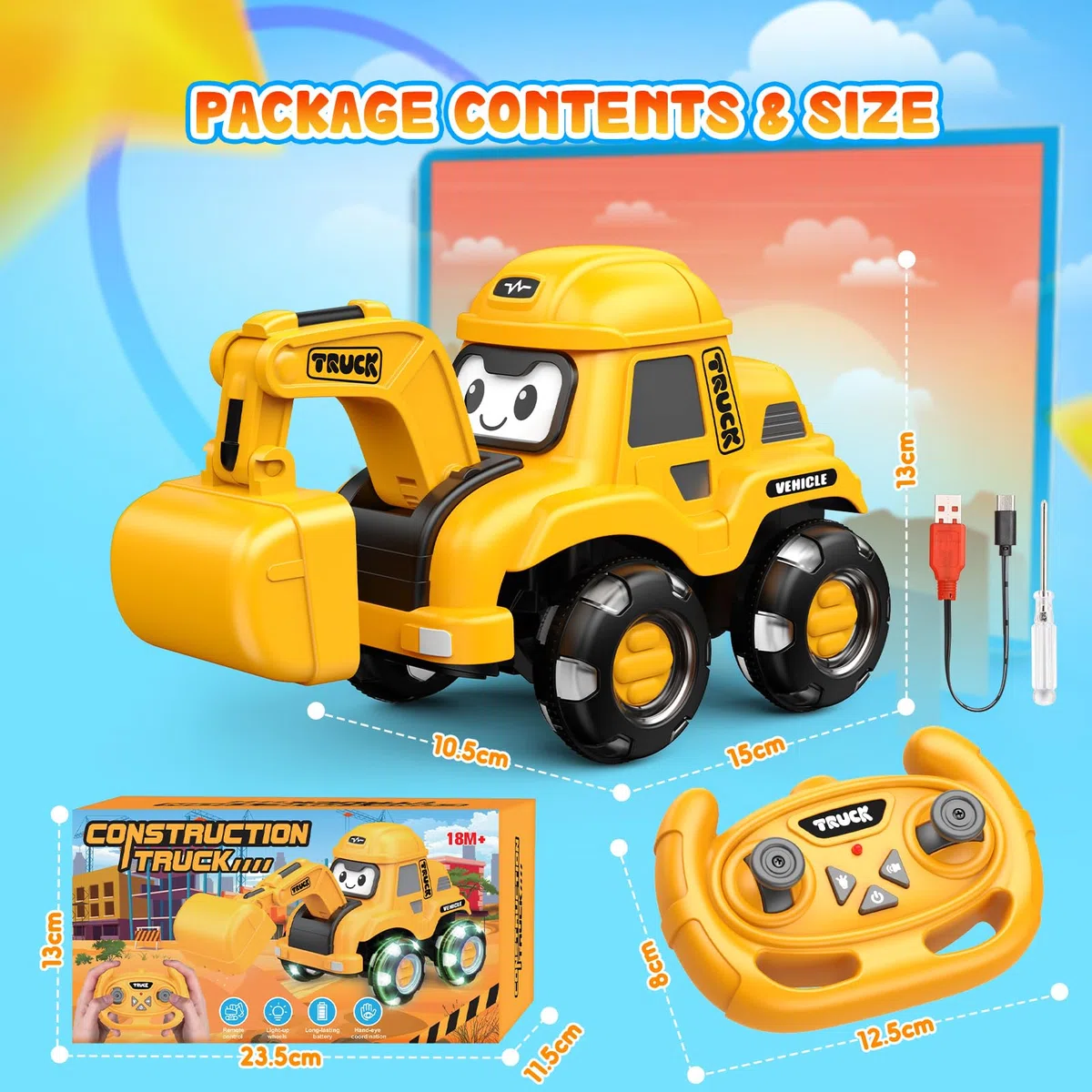Macchina Telecomandata per Bambini, Escavatore Giocattolo con Luce LED e Suono, 2.4GHz Ruspa Telecomandata Giochi Bambini 3 4 5 Anni, Scavatore Telecomandato Regalo Bambino 3-8 Anni, Regali Natale