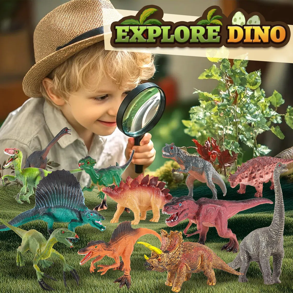 TOEY PLAY Grandi Dinosauri Giocattolo per Bambini, 12 Pezzi Figure Dinosauri Set, Realistico Dinosauro con T-Rex, Triceratop, Regalo per Ragazzi Ragazze 3 4 5 6 Anni