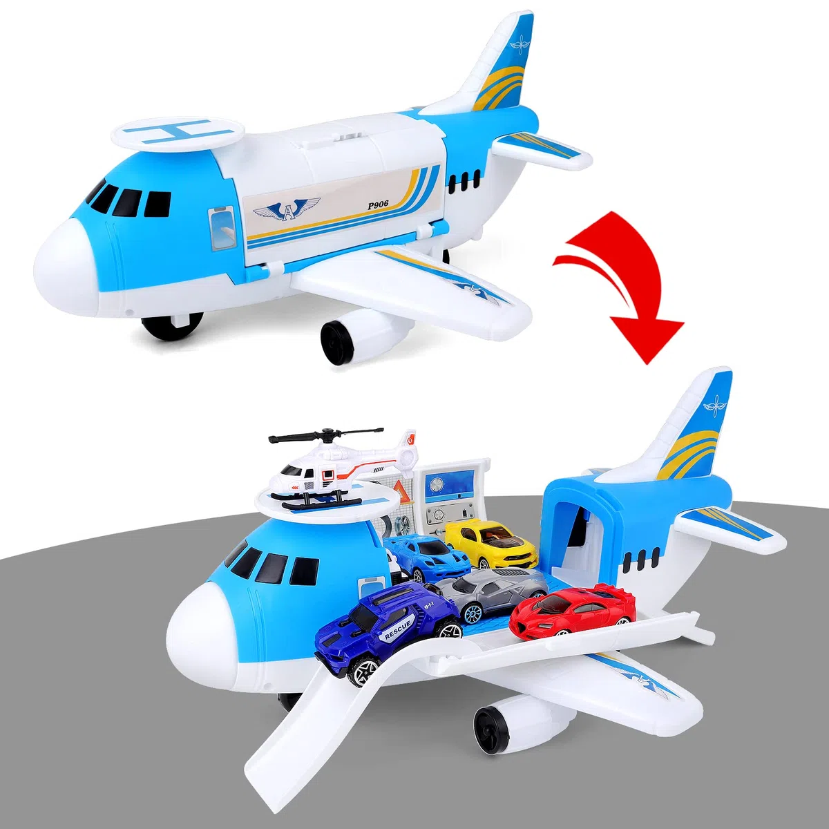 deAO Trasporto Aereo e Set di Giocattoli per Auto, Trasporto Aereo Macchinina Aerei Giocattolo per Bambini con 6 Mini Macchinina10 Segnali Stradali Elicotteri per Bambini