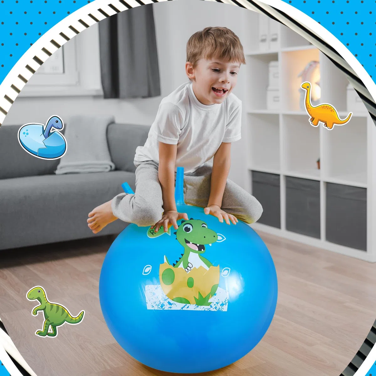 Blulu Tramoggia spaziale a forma di dinosauro da 61 cm, con manico, con pompa, grande palla gonfiabile per giardino, attività all'aperto e al chiuso, attività estive, giochi di esercizio