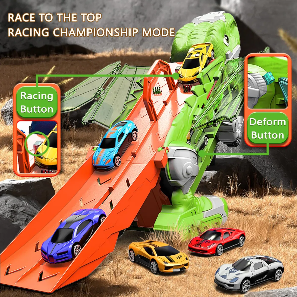 Dinosauro Camion Giocattolo con 8 Macchinine, Dinosauri Trasformabili per bambini 3 4 5 6 7 8+Anni,Garage,Set Pista da Corsa,Transforms in Dino con Ali,Camion Furgoni,Regali di Compleanno per Bambini