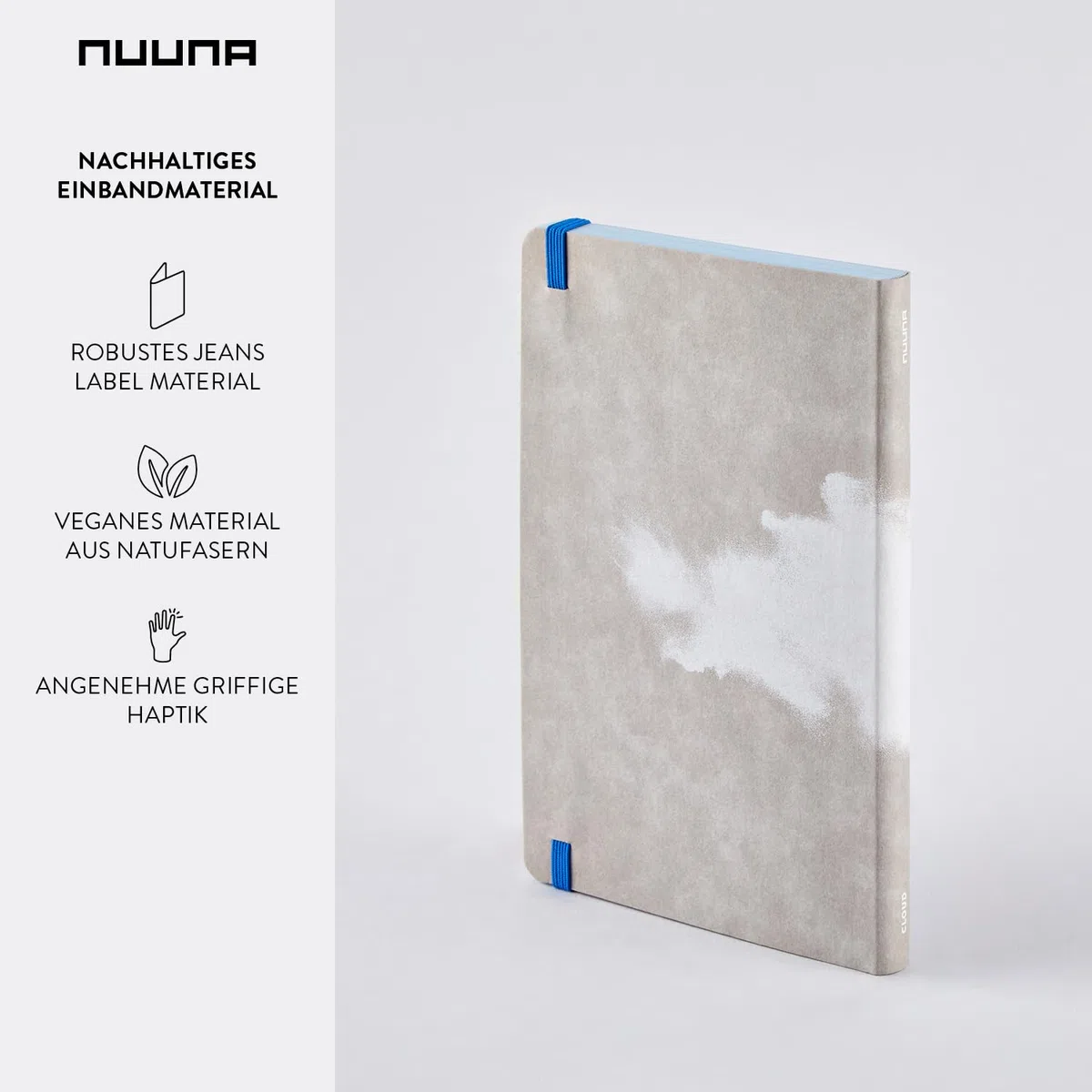 nuuna Inspiration Book M Quaderno A5, pagine colorate blu nuvola con motivi, 120 g, carta di alta qualità, JeansLabel grigio, prodotto in Germania in modo sostenibile
