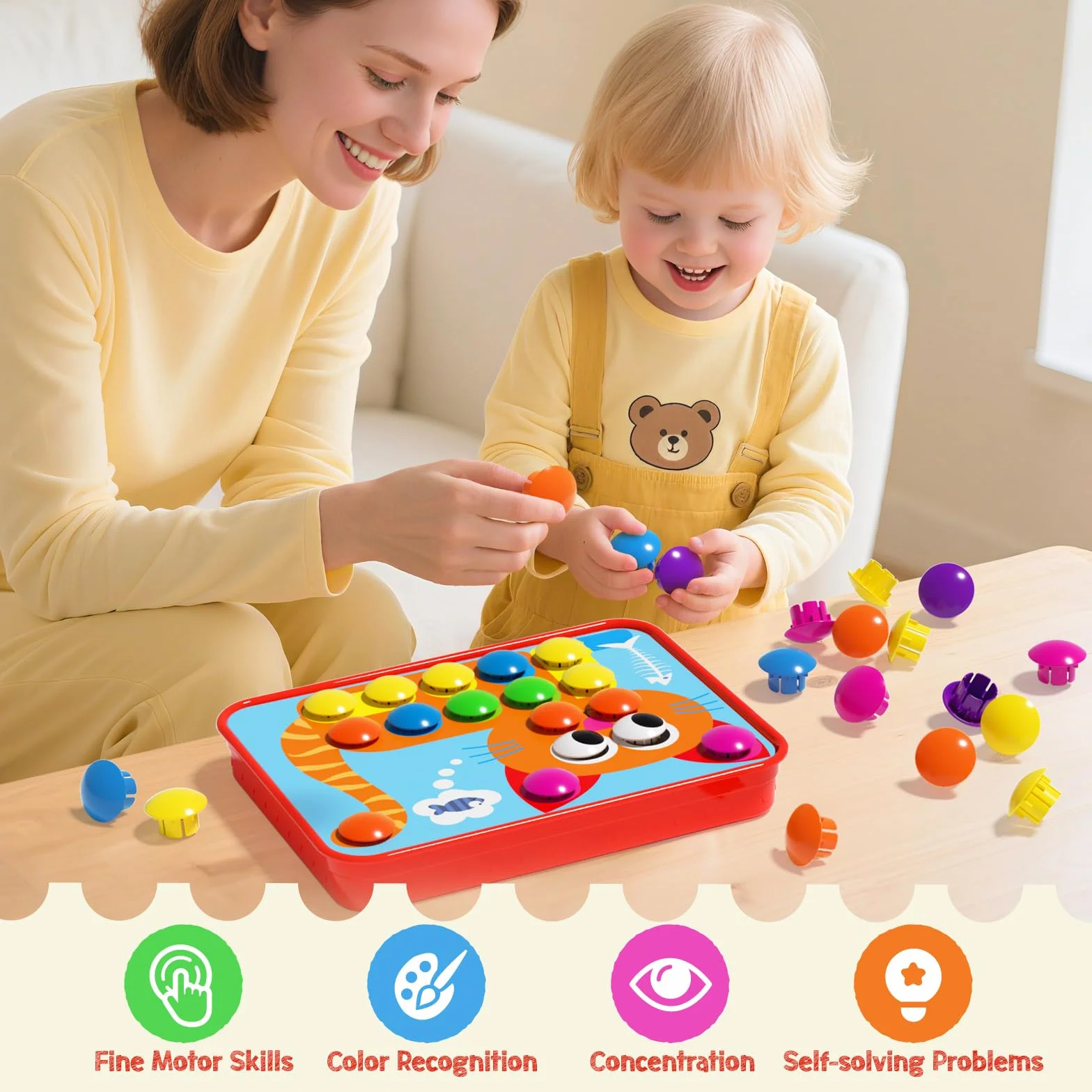 AMOSTING gioco chiodini per bambini 2, 3 anni, gioco di abbinamento colorato, giocattoli prima infanzia, puzzle regalo di compleanno per bambino-20 carte e 46 pulsanti