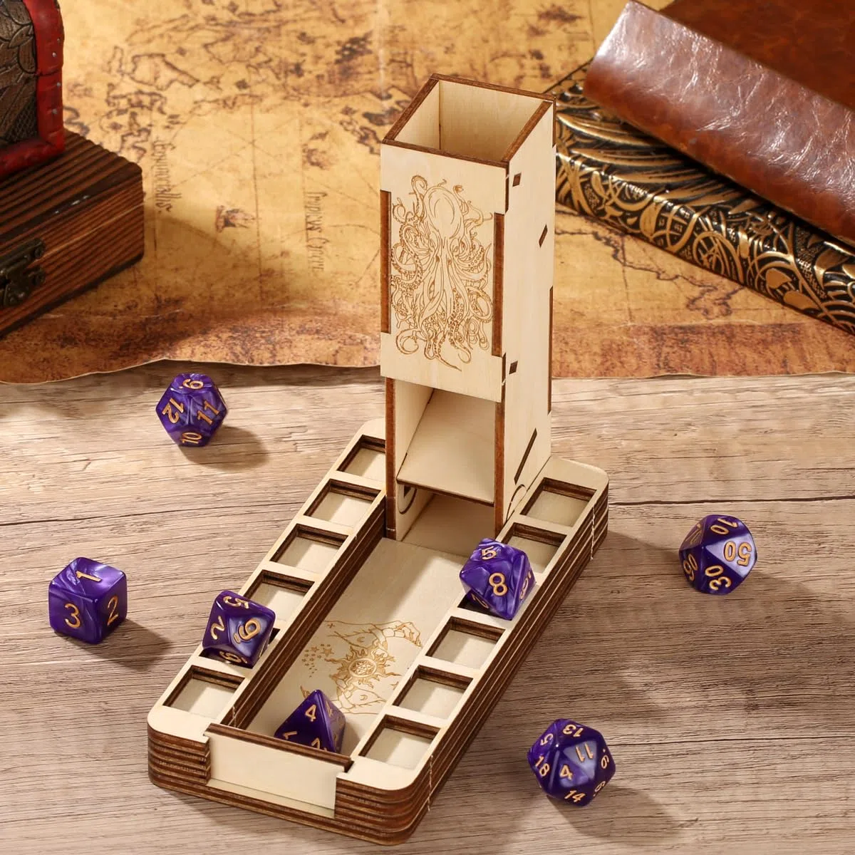 Vassoio per dadi in legno pieghevole DND, accessori D&D, Torre per dadi D20 mano magica, strumenti per giochi da tavolo, Giochi di ruolo scatola per
