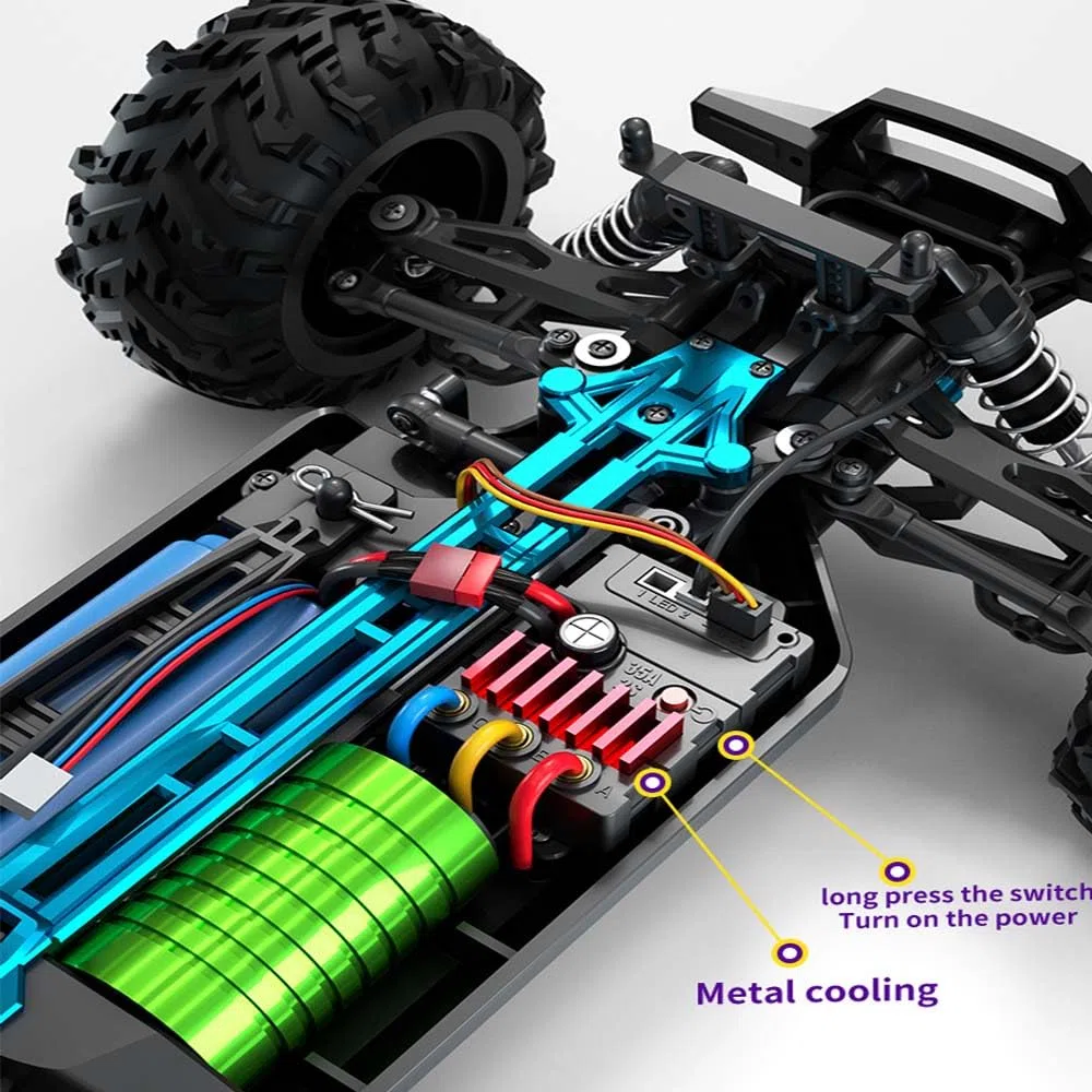 70km/h Auto Telecomandato con Motore Senza Spazzole, 1/16 Alta Velocità All Terrain Monster Trucks per Adulti, 4WD Impermeabile RC Drift Car, 3 Batterie, Giallo