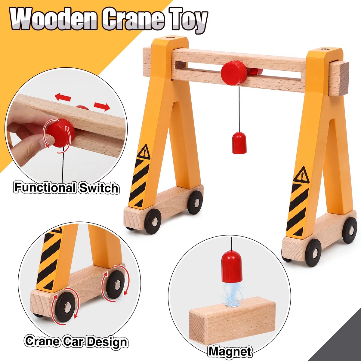 Veicoli Da Cantiere Giocattolo in Legno per Bambini, Magnetico Veicoli con Gru a Cavalletto, Escavatore, Rullo compressore, Carro Attrezzi, Veicoli da Costruzione in Legno Regalo Bambini 2 3 4 5 anni