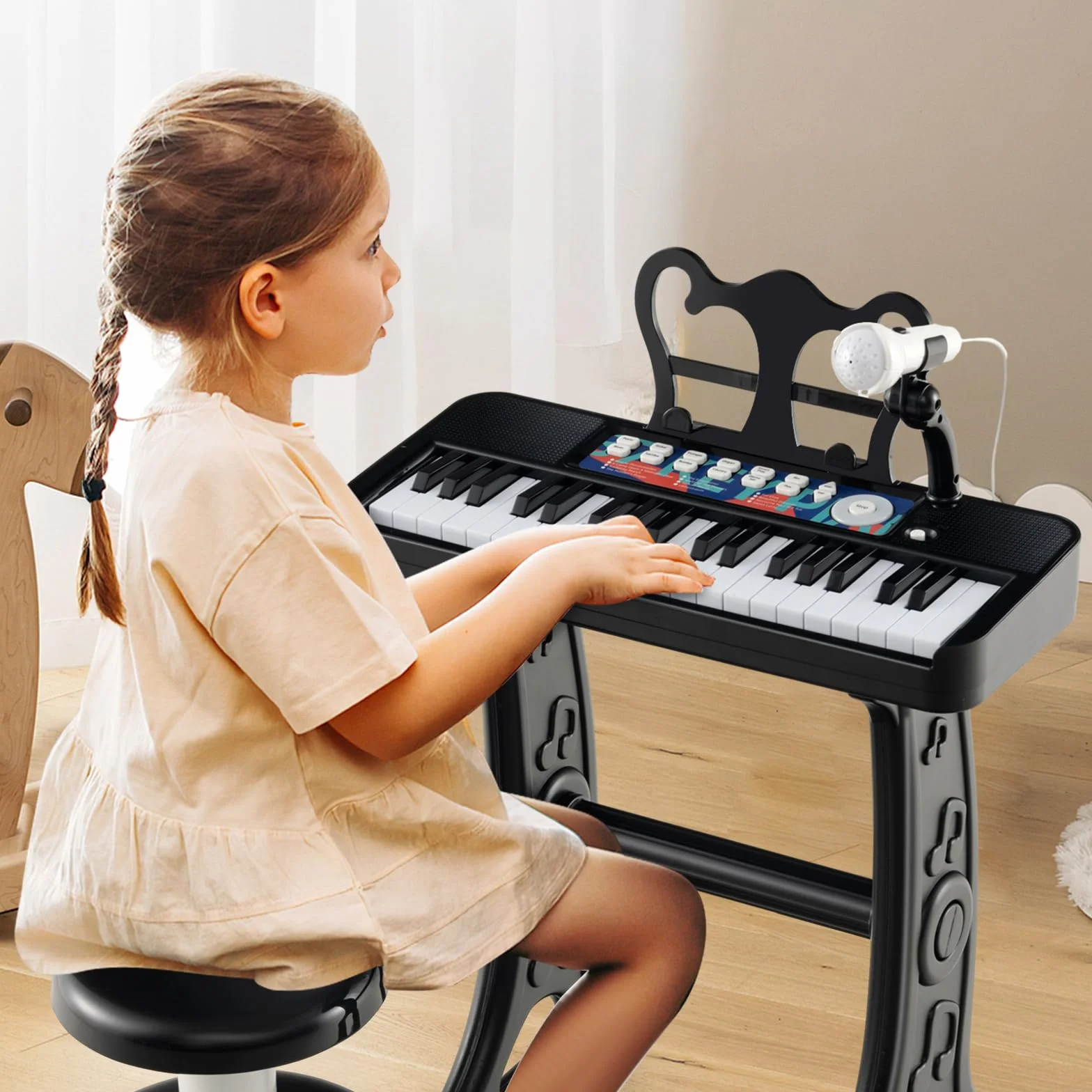 KOMFOTTEU Pianola Bambini Musicale Tastiera, Tastiera Digitale a 37 Tasti, Mini Tastiera con Effetti Luminosi e Microfono, Strumenti Musicali con Sgabello, 22 Battiti/4 Toni/4 Ritmi (Nero)