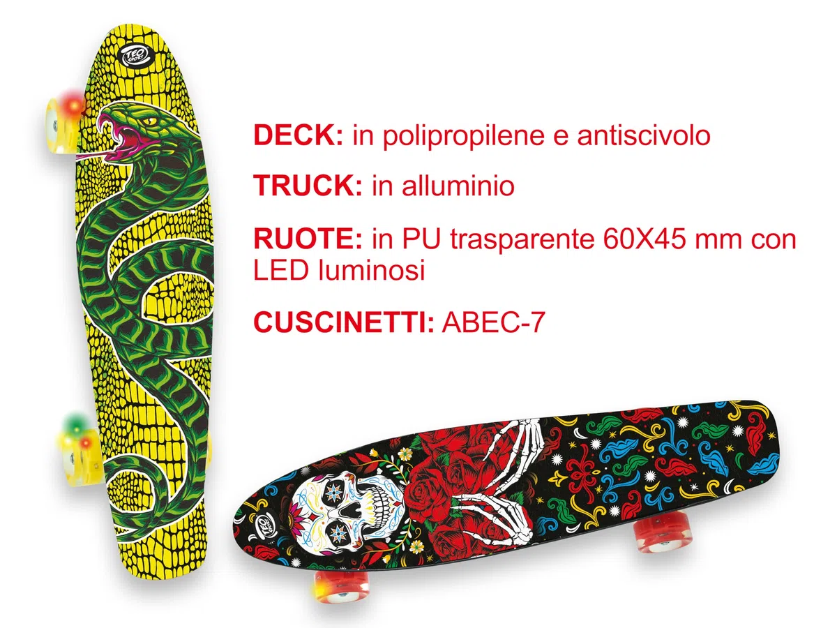 Teorema - Skateboard 57 cm, con Pedana Antiscivolo, Truck in Alluminio, Ruote 45 mm in PU trasparente con LED luminosi, Cuscinetti ABEC-7, Portata massima 100 kg