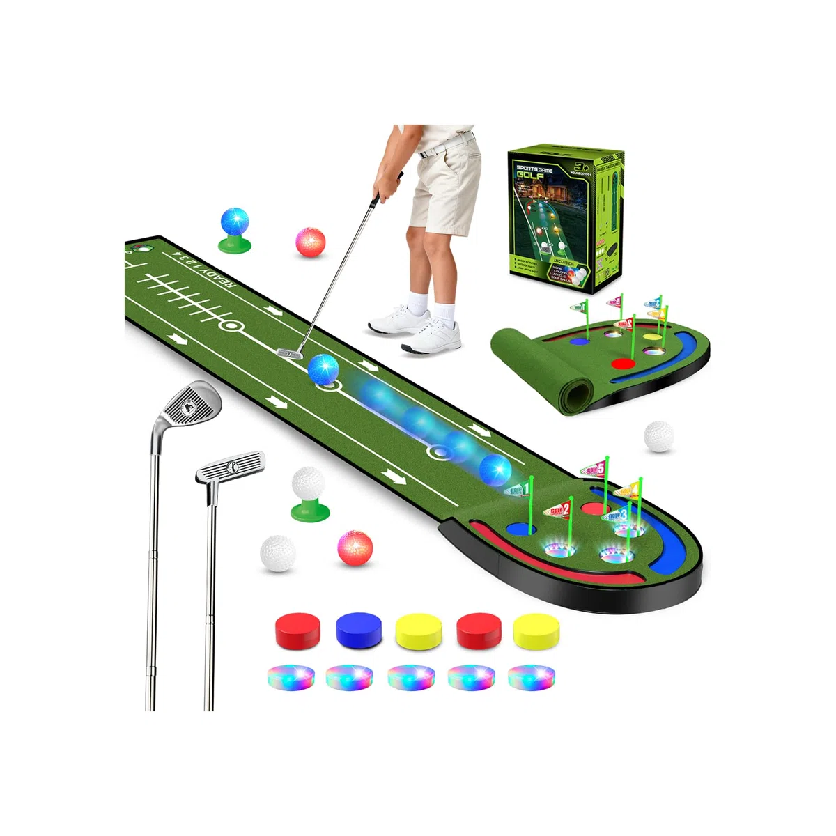 Vatos Golf Game Indoor-Tappetino da Golf per Bambini con Palline e buche a LED, Mazze da Golf, Divertimento al Chiuso e all'aperto per casa, Cortile, Ufficio, Regali per Bambini, Adolescenti e Adulti