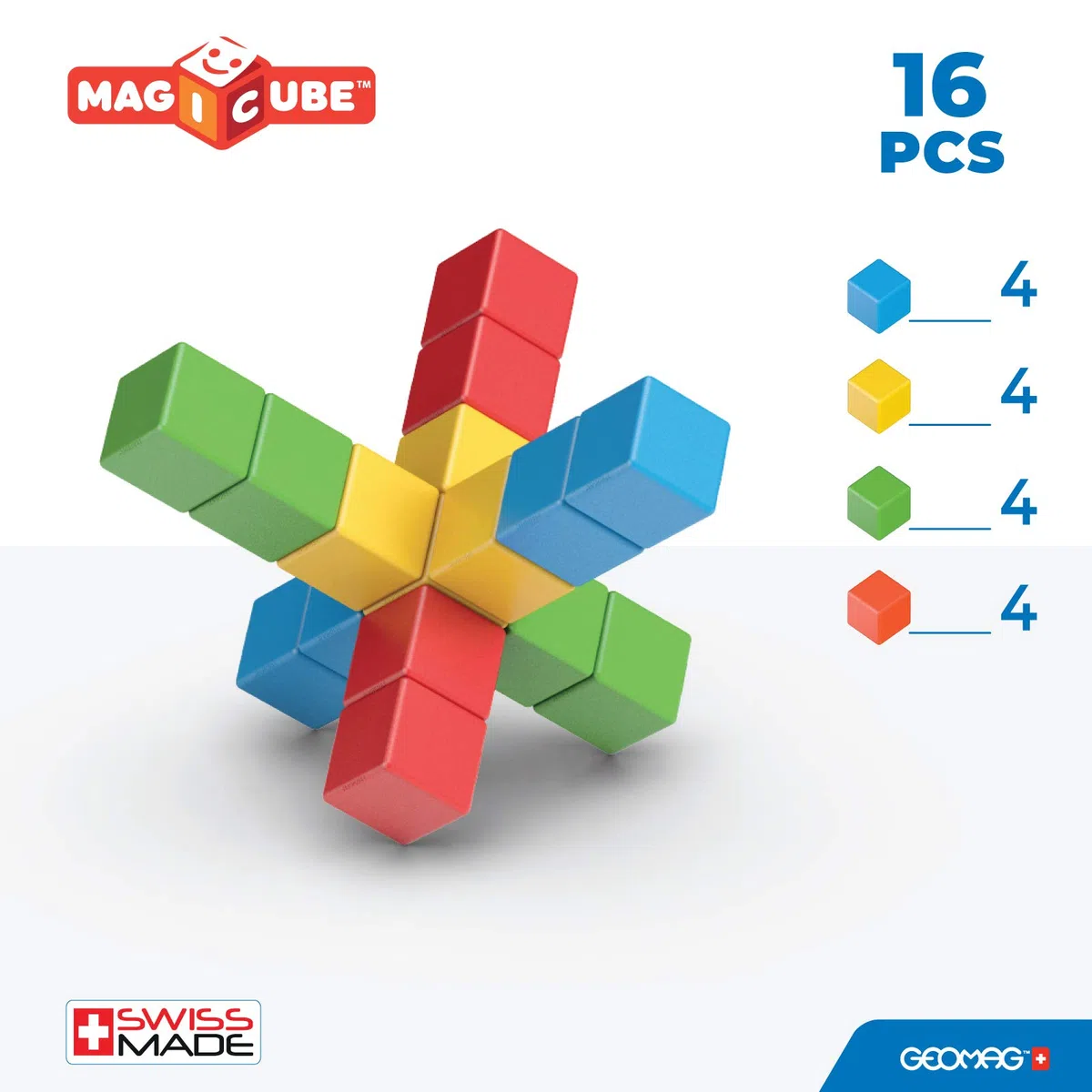 Geomag - Magicube 1+ Full Color - Cubi Magnetici per Bambini - 4 Colori - Confezione da 16 Blocchi - 100% Plastica Riciclata