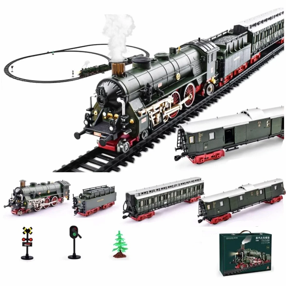 Set di Treno Elettrico in Lega con Carrozza e Lungo Binario Che Può Funzionare, Modello di Locomotive con Luci ed Effetti Sonori, Ricco di Accessori (Come Vedi), Ottimo Regalo per gli