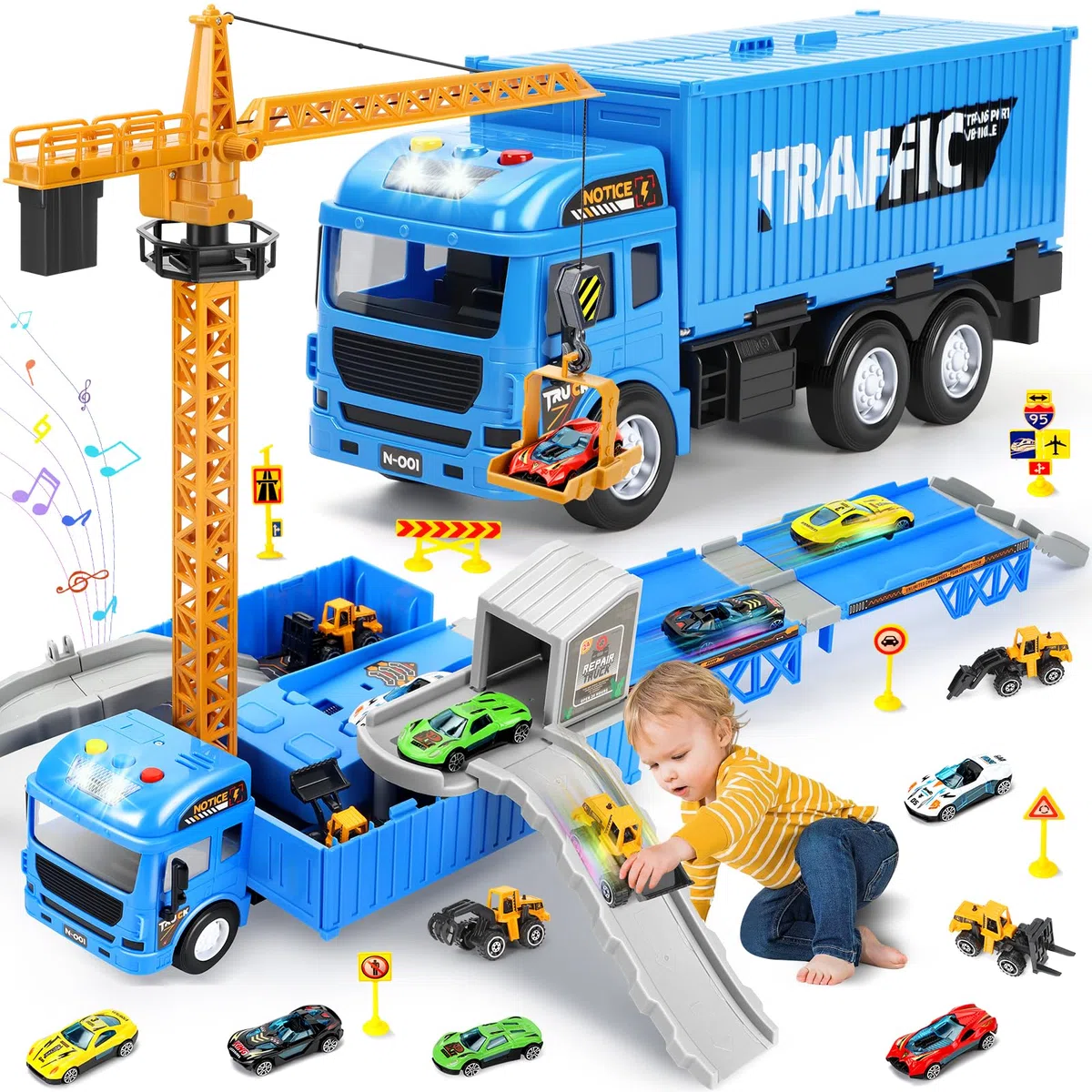 Charmofun Camion Cantiere Giocattolo per Bambini, Camion Set Veicoli da Cantiere con Musica, Luci, Doppia Pista e Torre Gru, Incluse Bulldozer, Trattore, Carrello Elevatore, Rullo, Regalo per 3+ Anni