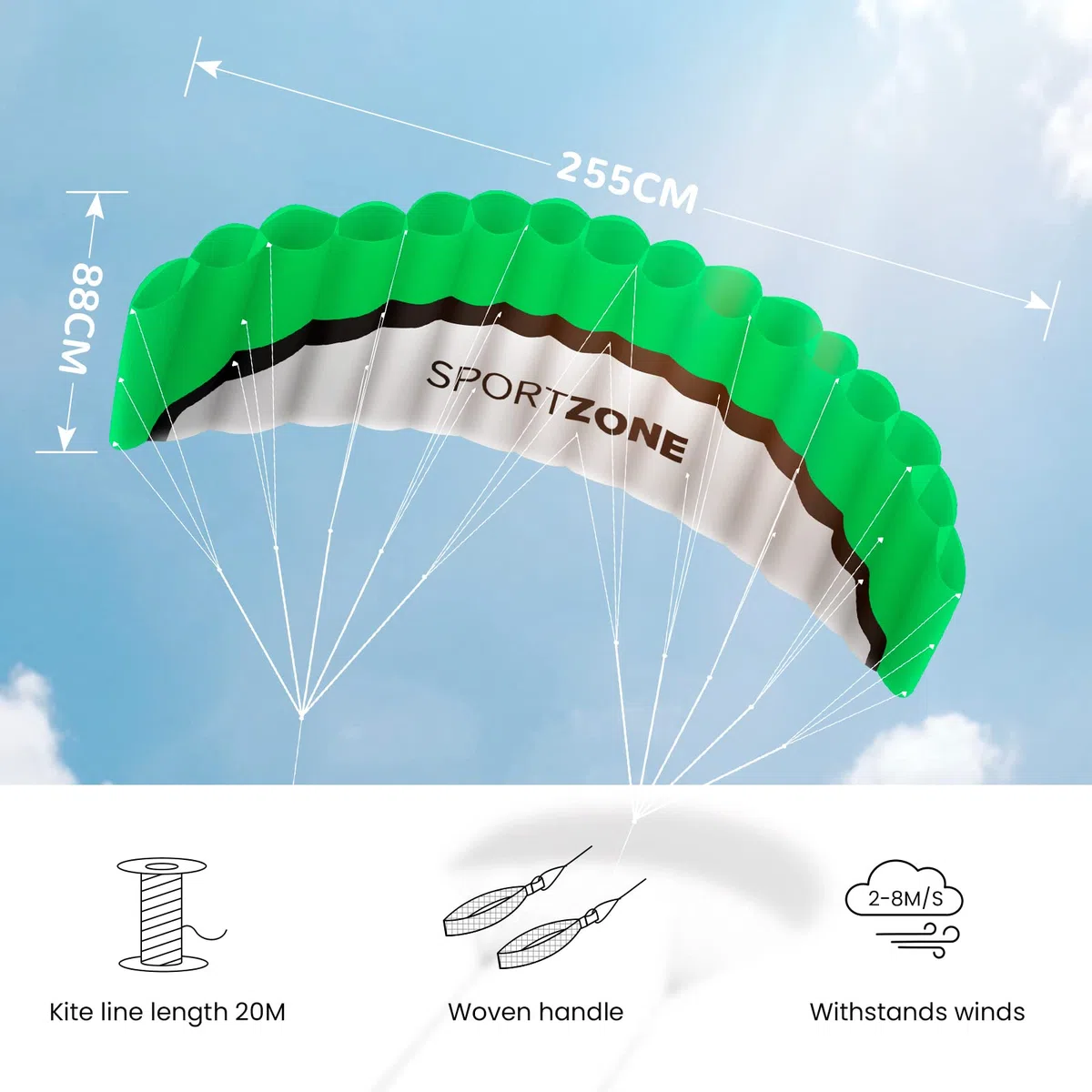 Kwasyo Aquilone Parafoil da esterno da 2,5 m, doppia linea, paracadute da spiaggia, con manico, lunghezza 30 m