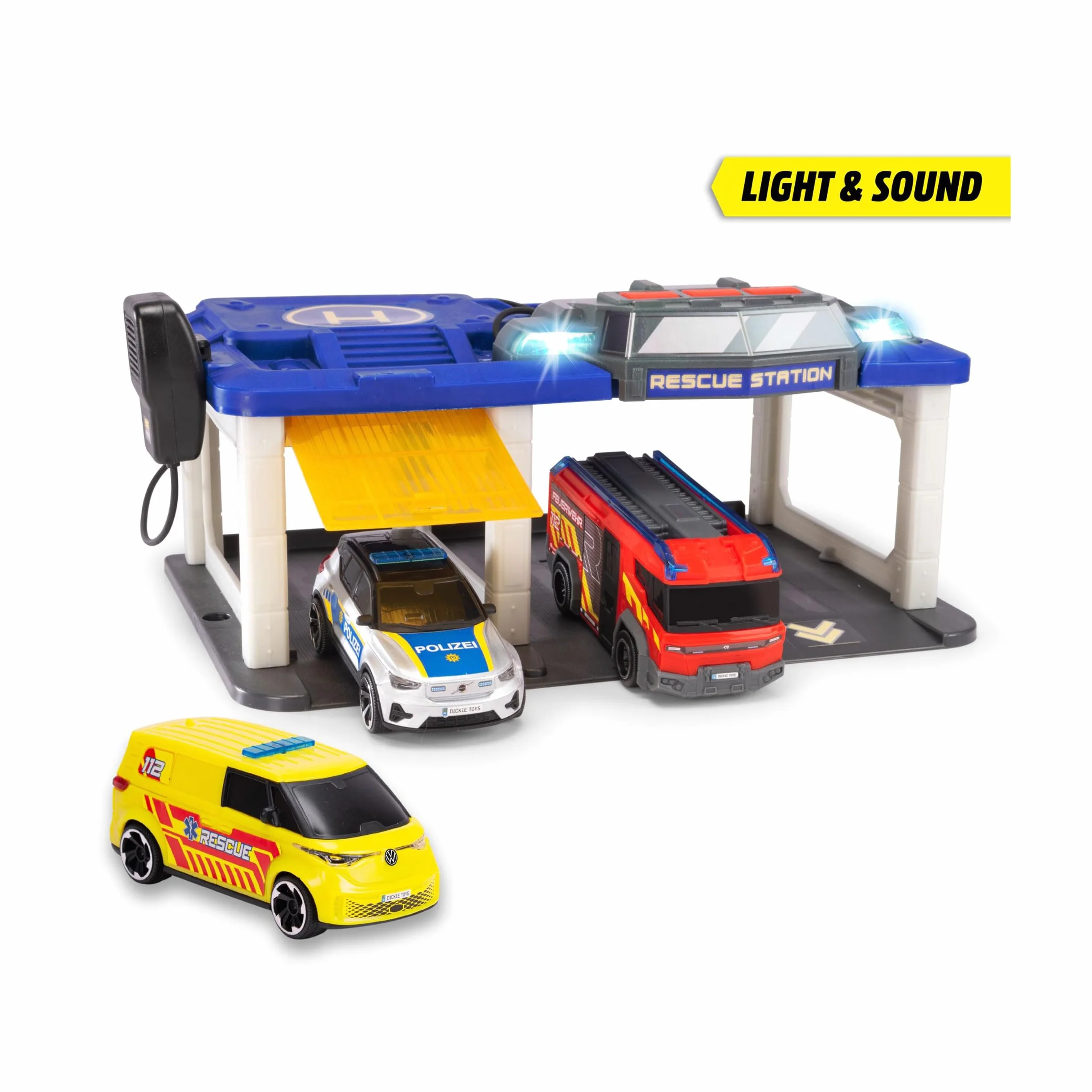 Dickie Toys - Stazione S.O.S per bambini a partire dai 3 anni (31 x 22 cm) con 3 auto giocattolo (auto della polizia, ambulanza, camion dei pompieri), stazione dei vigili del fuoco e della polizia con