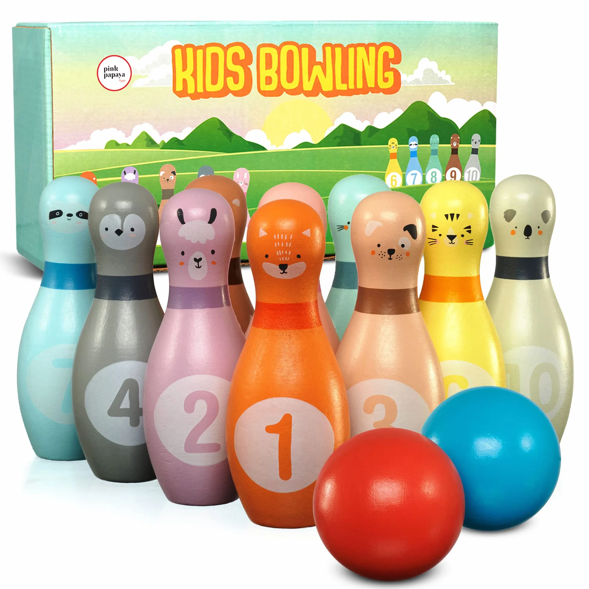Pink Papaya Birilli Bowling per Bambini | Set da 12 Pezzi per Maschi e Femmine | Giochi in Legno Certificato FSC | Giocattoli da Interno ed Esterno | Giochi Educativi