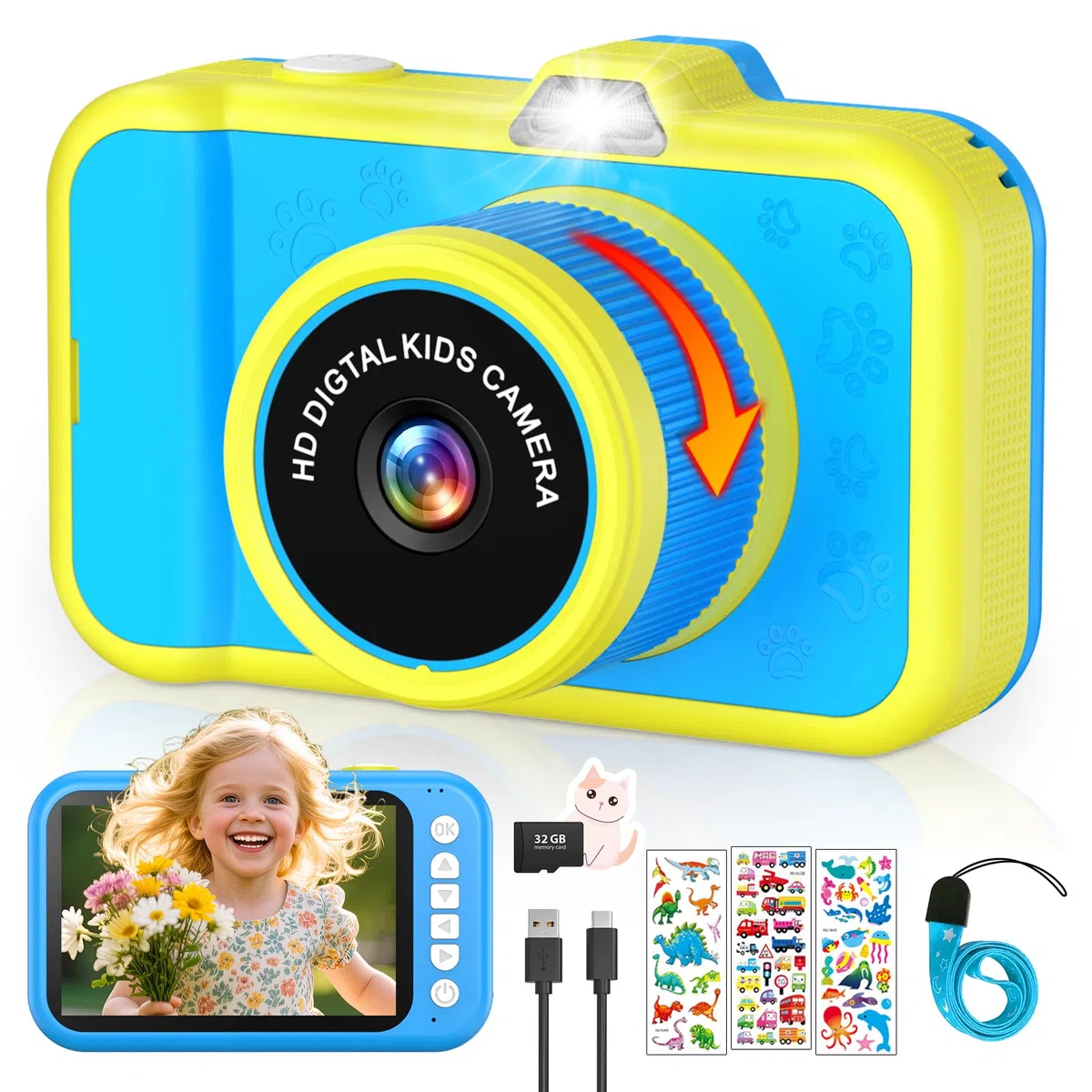 Macchina Fotografica Bambini con 360° Obiettivo Zoom Rotante | 3,5" Ampio Display | 1080P HD Fotocamera Digitali Bambini con Selfies | Flash | Scheda da 32G | Regalo Bambina Bambino 3-12 Anni