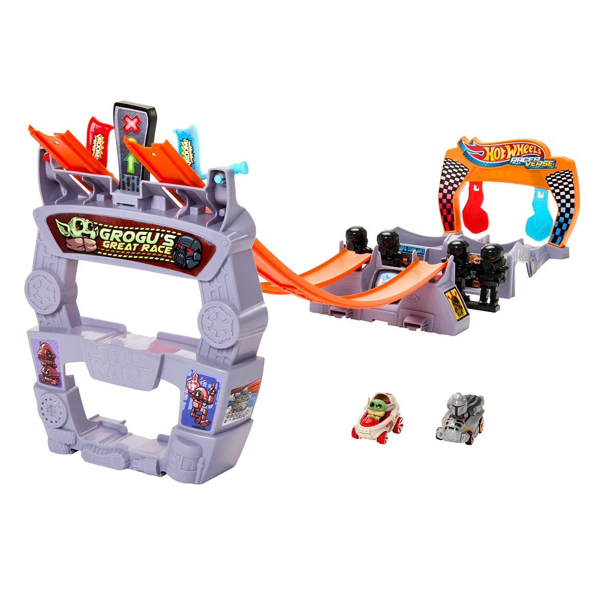 Hot Wheels RacerVerse - La Grande Corsa di Grogu, pista con macchinine da corsa die-cast ispirate a Star Wars, personaggi Grogu e The Mandalorian, giocattolo per bambini, 4+ anni, HPL32