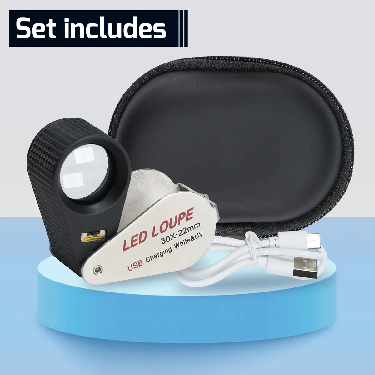 Lente d'Ingrandimento Illuminata da Gioielliere 30x, Lente Pieghevole Ricaricabile con LED e Luce UV per Gemme, Gioielli, Monete, Francobolli, ecc.