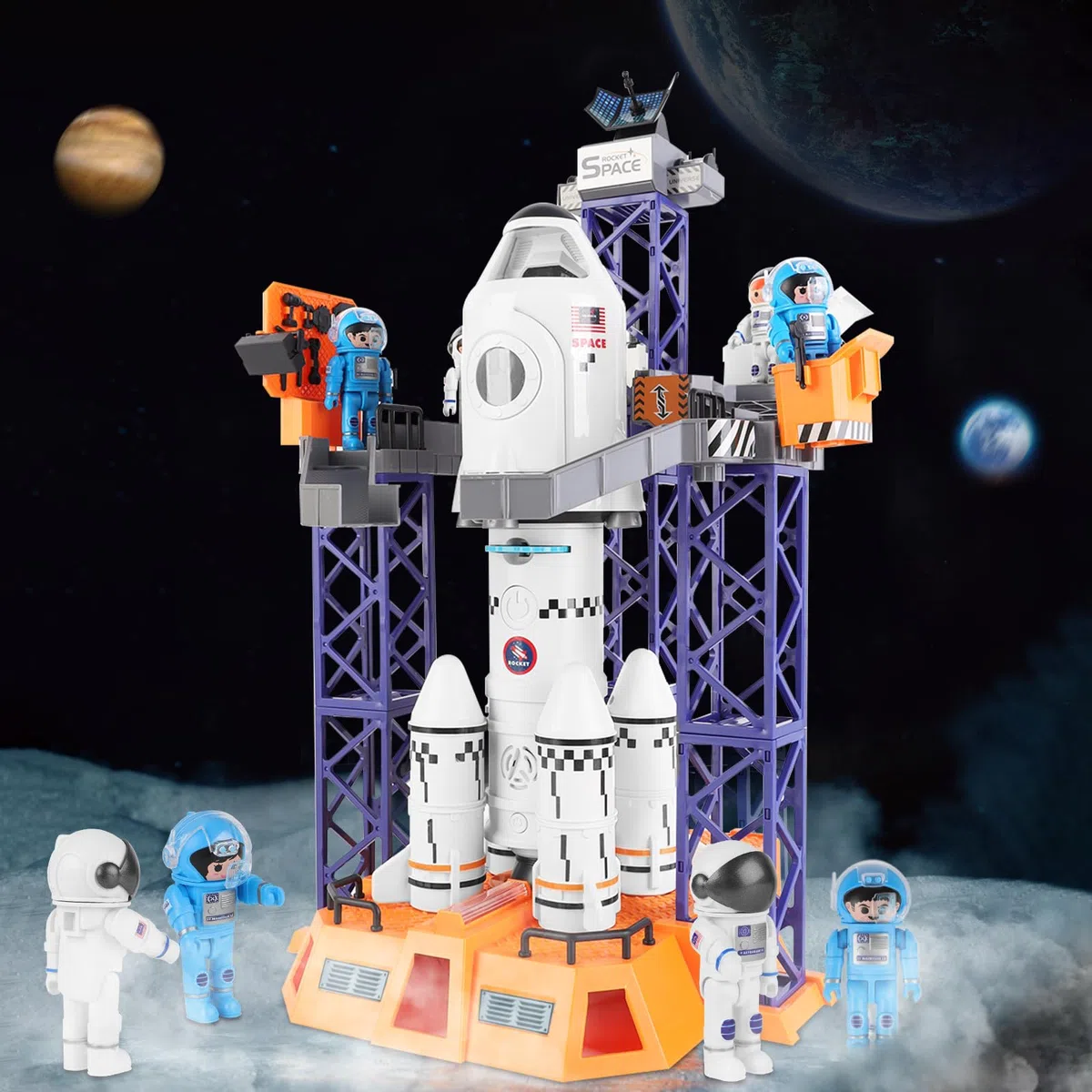deAO Space Shuttle Giocattolo STEM 5 in 1 con Centro di Lancio, Console, Satellite, Astronauti e Lampada