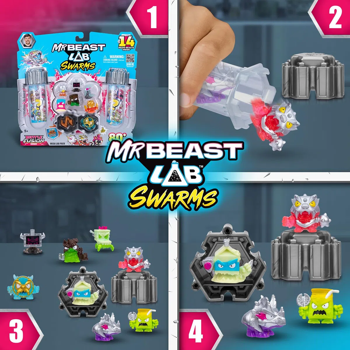 MrBeast Lab Swarms Battle Fusion Series Mega Lab Pack - Include 14 Micro Beasts con lancia serpente ultra rara, 80+ da raccogliere, adesivi e tappi Fusion impilabili per esposizione