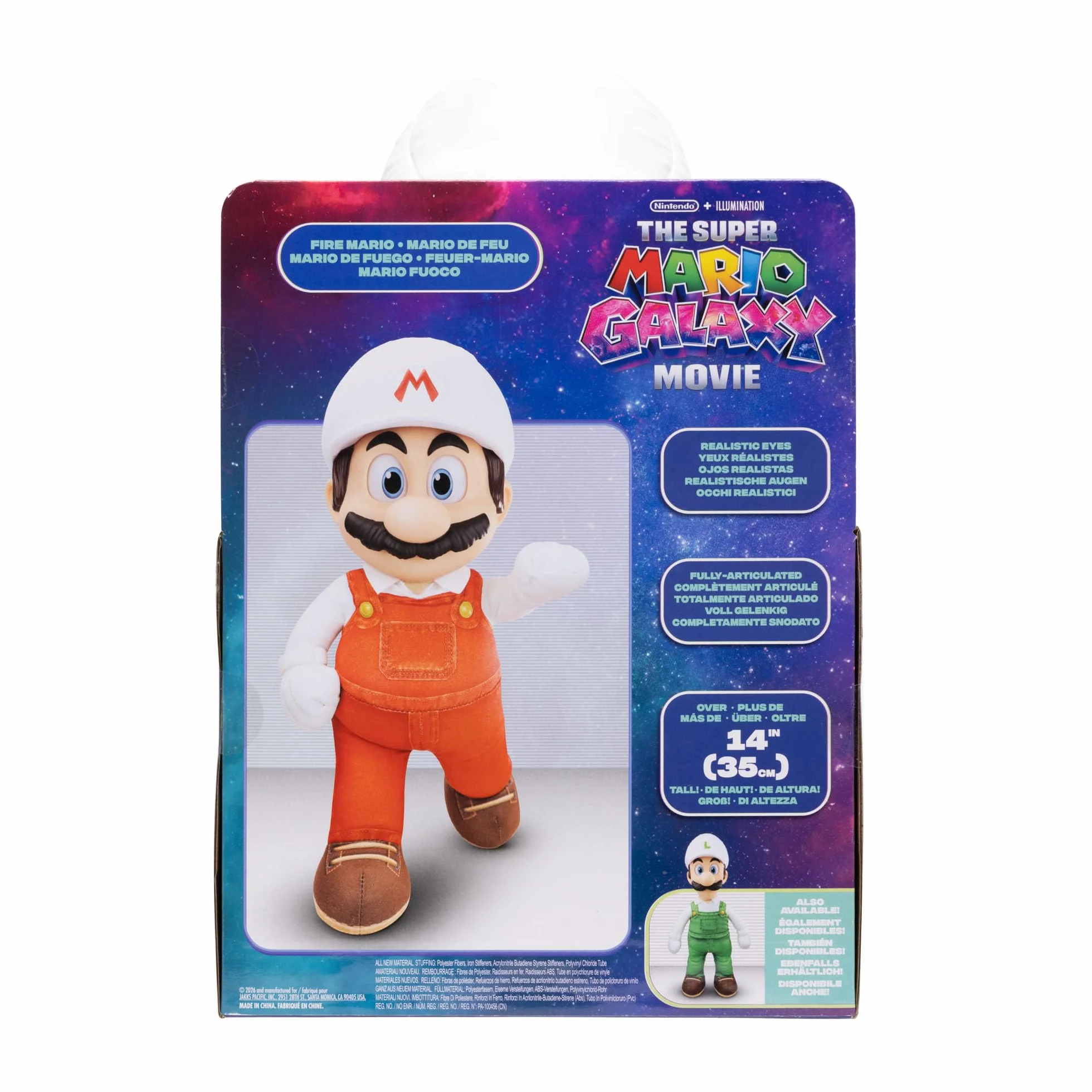Peluche snodabile di Fire Mario del film Super Mario Galaxy, 35,5 cm, con licenza ufficiale Jakks Pacific, con testa scolpita di Roto, peluche da collezione Nintendo
