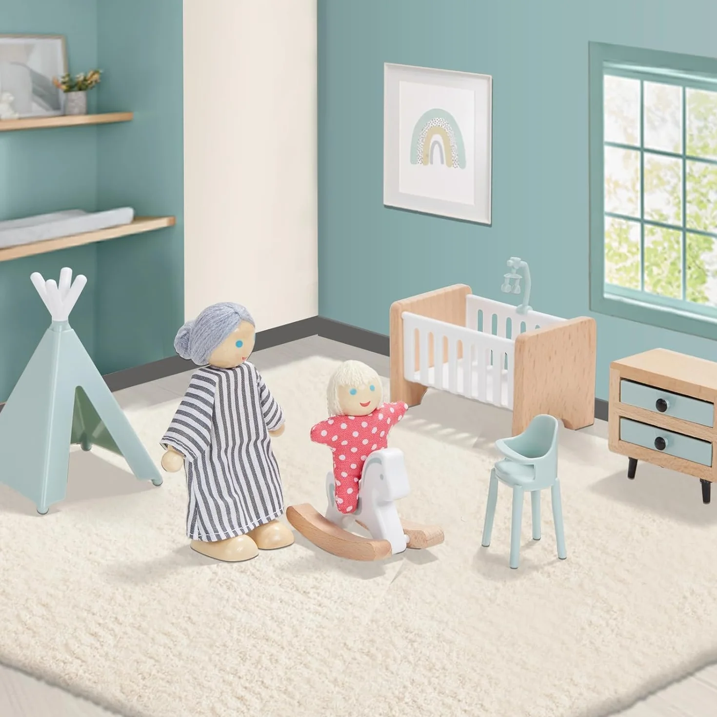 Giant bean Set di Mobili Casa Bambole Legno, 36 Mobili Casa Bambole con 4 Bambole di Famiglia, Accessori Casa Delle Bambole, Giocattoli Per Bambini dai 3 Anni In Su