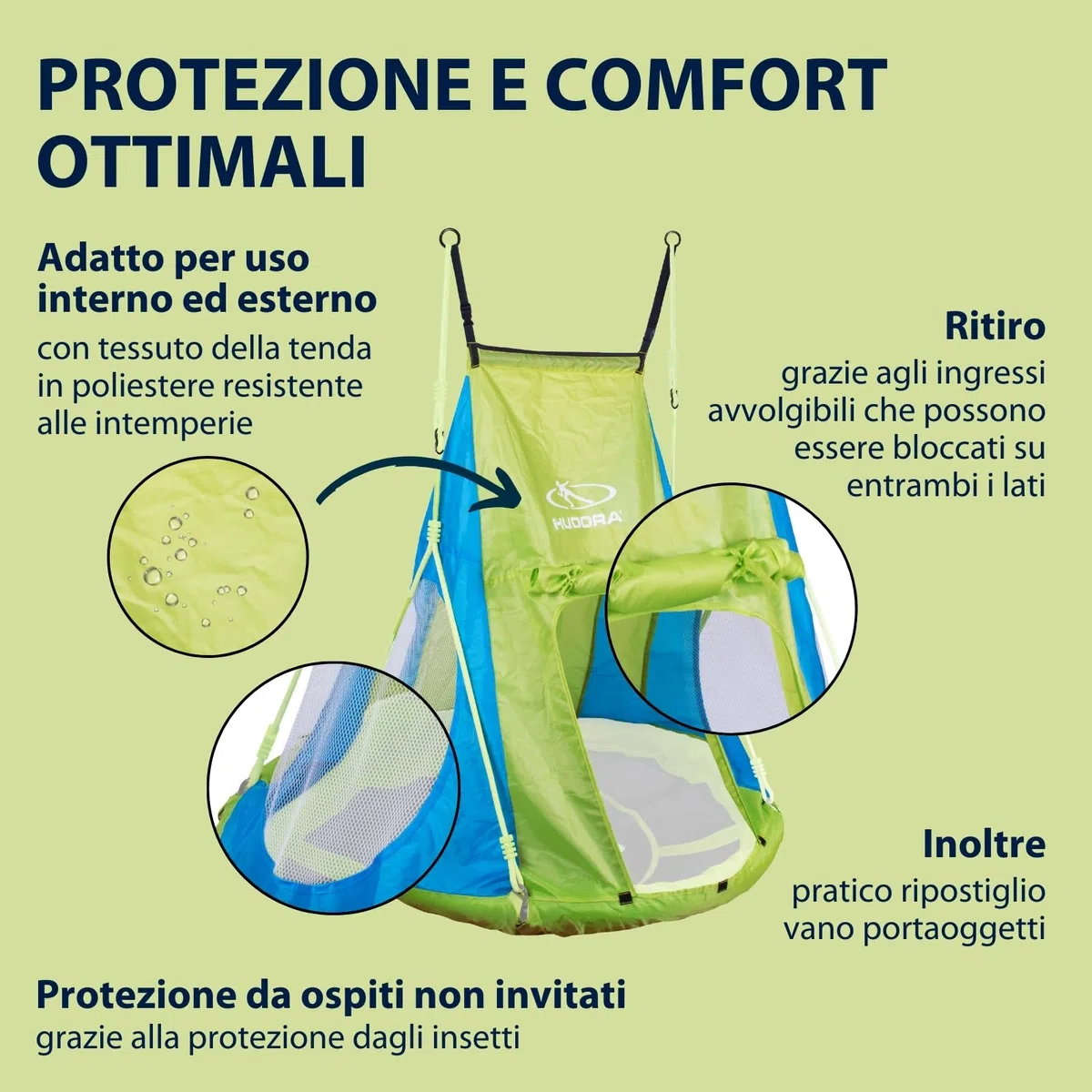 Tenda HUDORA Cosy Castle - copertura per altalena HUDORA nest 90 e 110/120 in blu/limone - tenda per altalena in poliestere per uso interno ed esterno - tettoia per altalena per bambini e adulti
