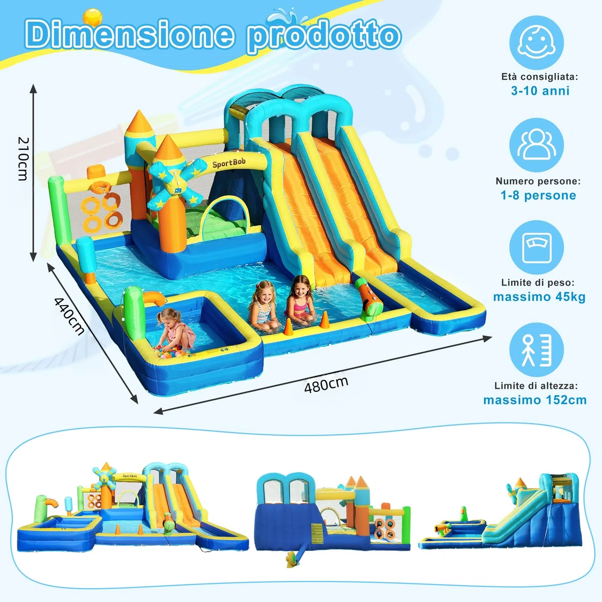 Castello gonfiabile con doppio scivolo, ventola, piscina per bambini, area per salti e parete da arrampicata, ideale per uso interno ed esterno, riunioni di famiglia e occasioni di compleanno