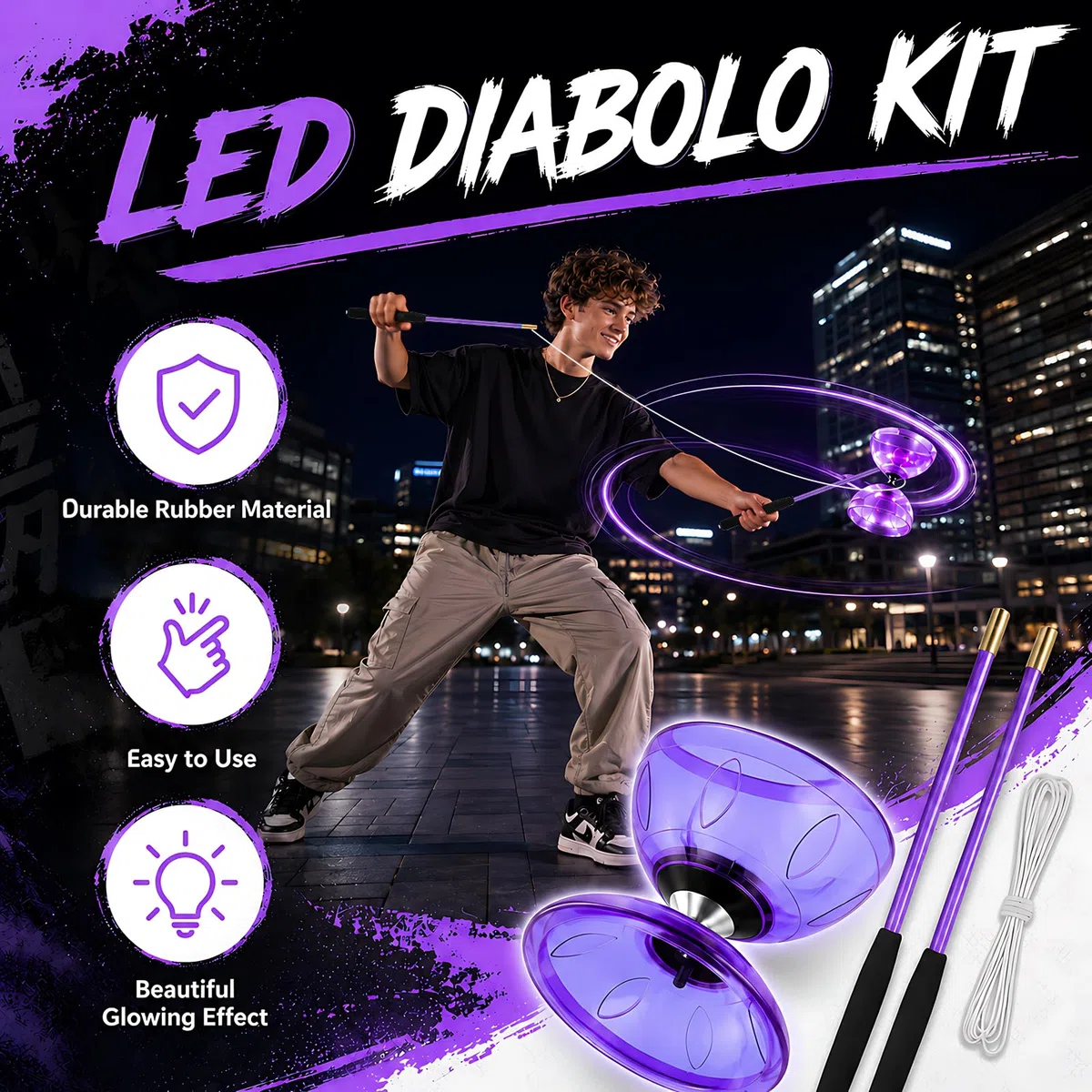 Diabolo Con Cuscinetti A Sfera, Diablo Giocoleria Con Corda Da 10 M, Diabolo LED, Set Da Giocoleria Per Principianti, Sport All'Aria Aperta, Viola