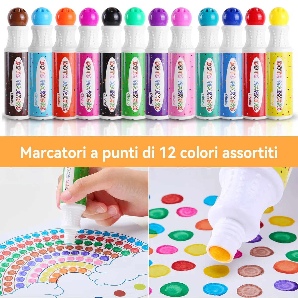 Ohuhu Pennarelli per bambini 12 colori super lavabili (40 ml) con libro di attività in bianco di 30 pagine - Penne Bingo a punta tonda di sicurezza non tossica per la scuola dell'infanzia