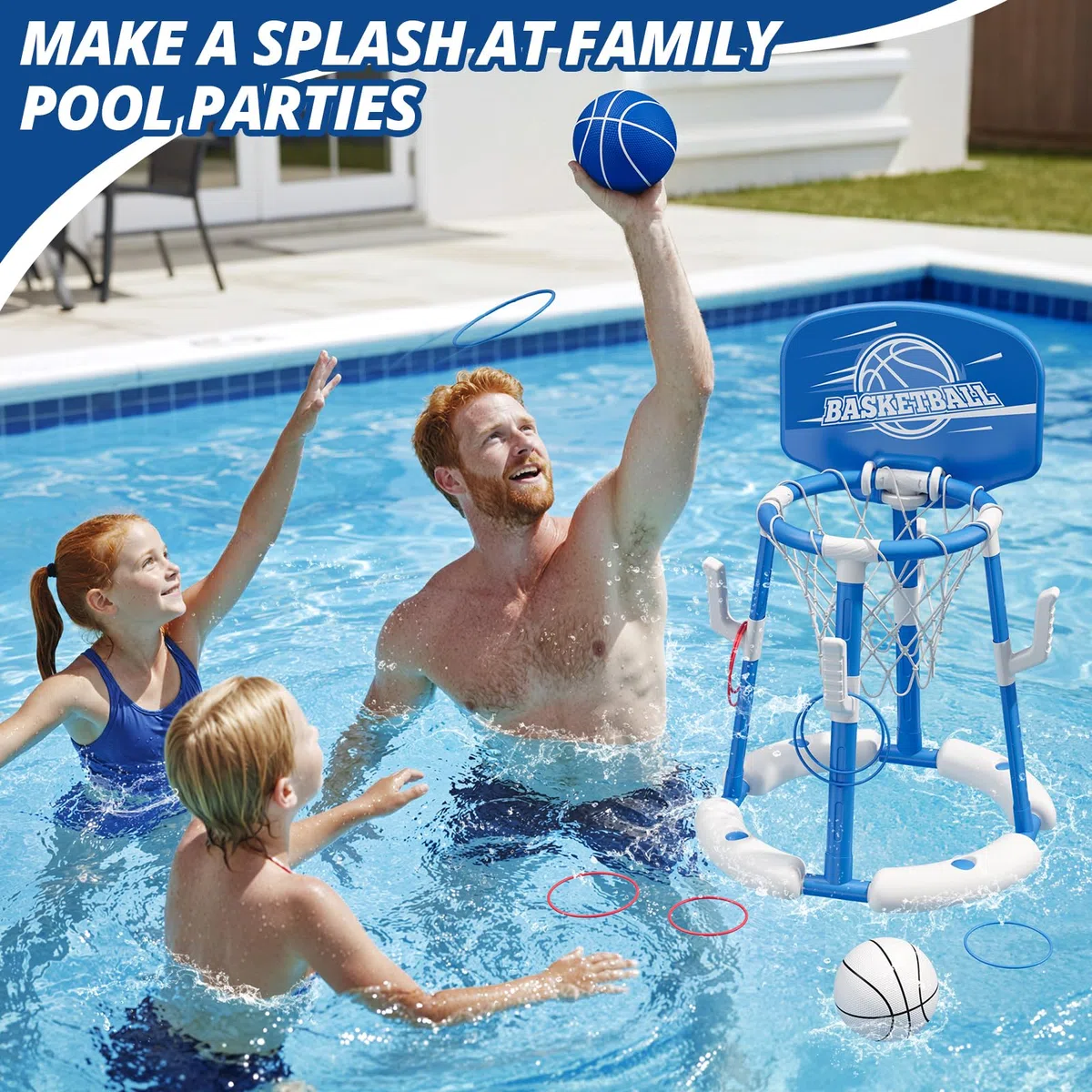 HYES Canestro da Basket per Piscina, Canestro Piscina Galleggiante con 4 Palline e Pompa, 8 Anelli, Set da Canestro Basket Giochi Acqua Piscina per Bambini e Adulti, Blu