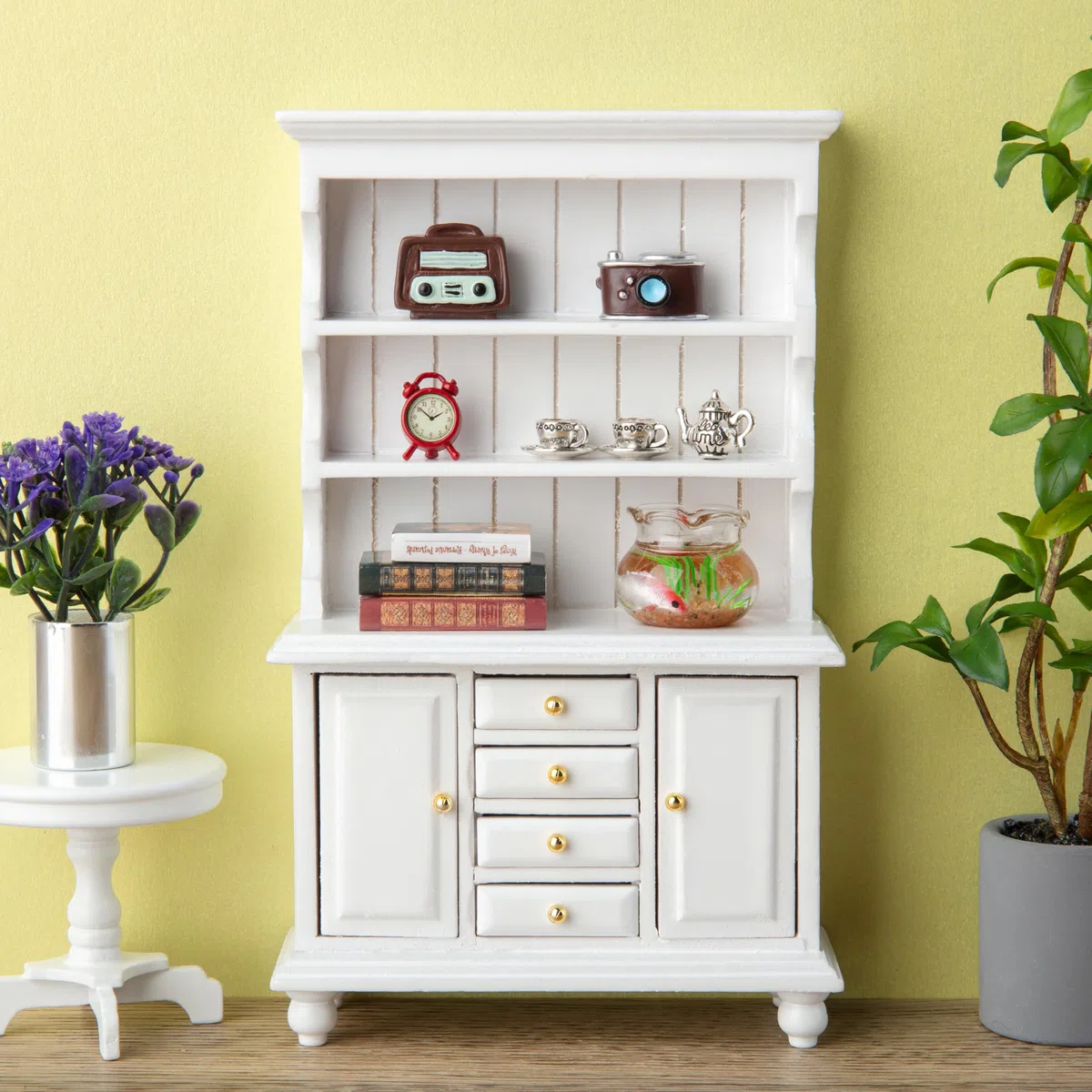 1:12 Set Librerie Per Case Delle Bambole, 11 Pezzi Mini Libreria In Legno Con Sveglia, Acquario, Libri, Tazzine Da Caffè Accessori Per Soggiorno, Sala Da Pranzo, Studio E Altre Scene