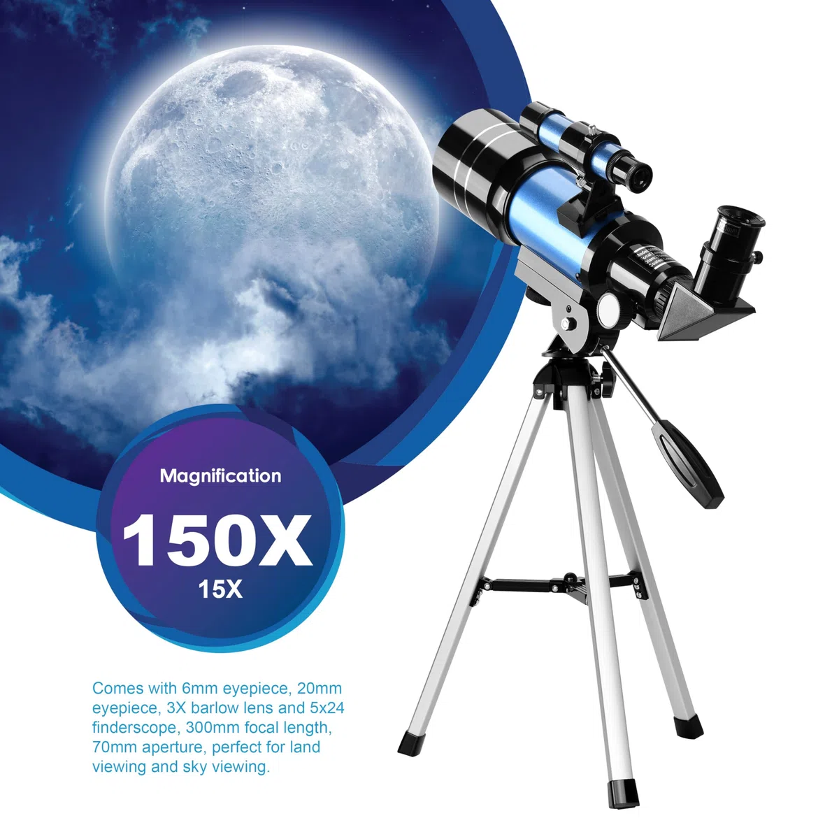 Aomekie Telescopio Astronomico 30070, 150X ingrandimento con Lente Barlow 3X e Adattatore per Smartphone, Ideale per Bambini e Principianti, Regalo per Compleanni e Feste
