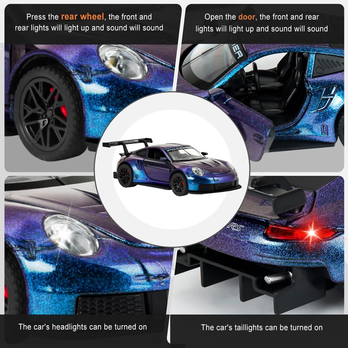 911 GT3RS 1:32 Modellino, Macchinine in Metallo Pressofuso, Giocattoli per Bambini con Suoni e Luci con Funzione pull-Back per Bambini dai 3 Anni in su e Collezionisti di Auto (Viola)