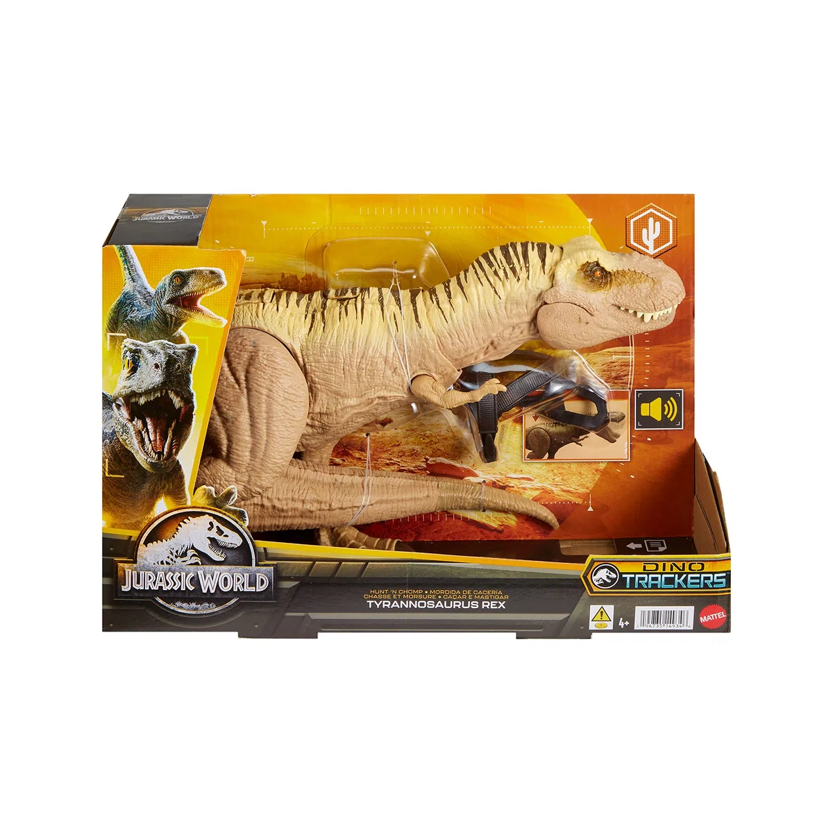 Mattel Jurassic World - T-Rex Caccia e Divora, dinosauro action figure con azione d'attacco doppio morso, suoni e attrezzatura di tracciamento, giocattolo per bambini, 4+ anni, HNT62