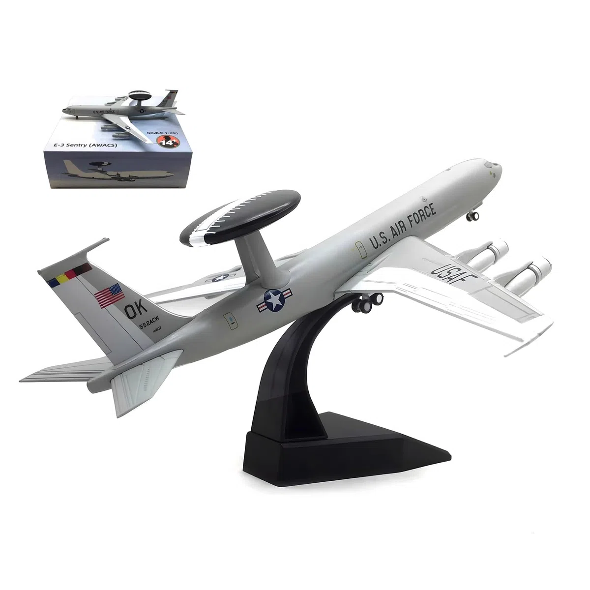 Modello aereo militare E-3 in lega pressofusa in scala 1:200 - Espositore da collezione di alta qualità for appassionati aviazione, regalo perfetto for decorazioni casa/ufficio